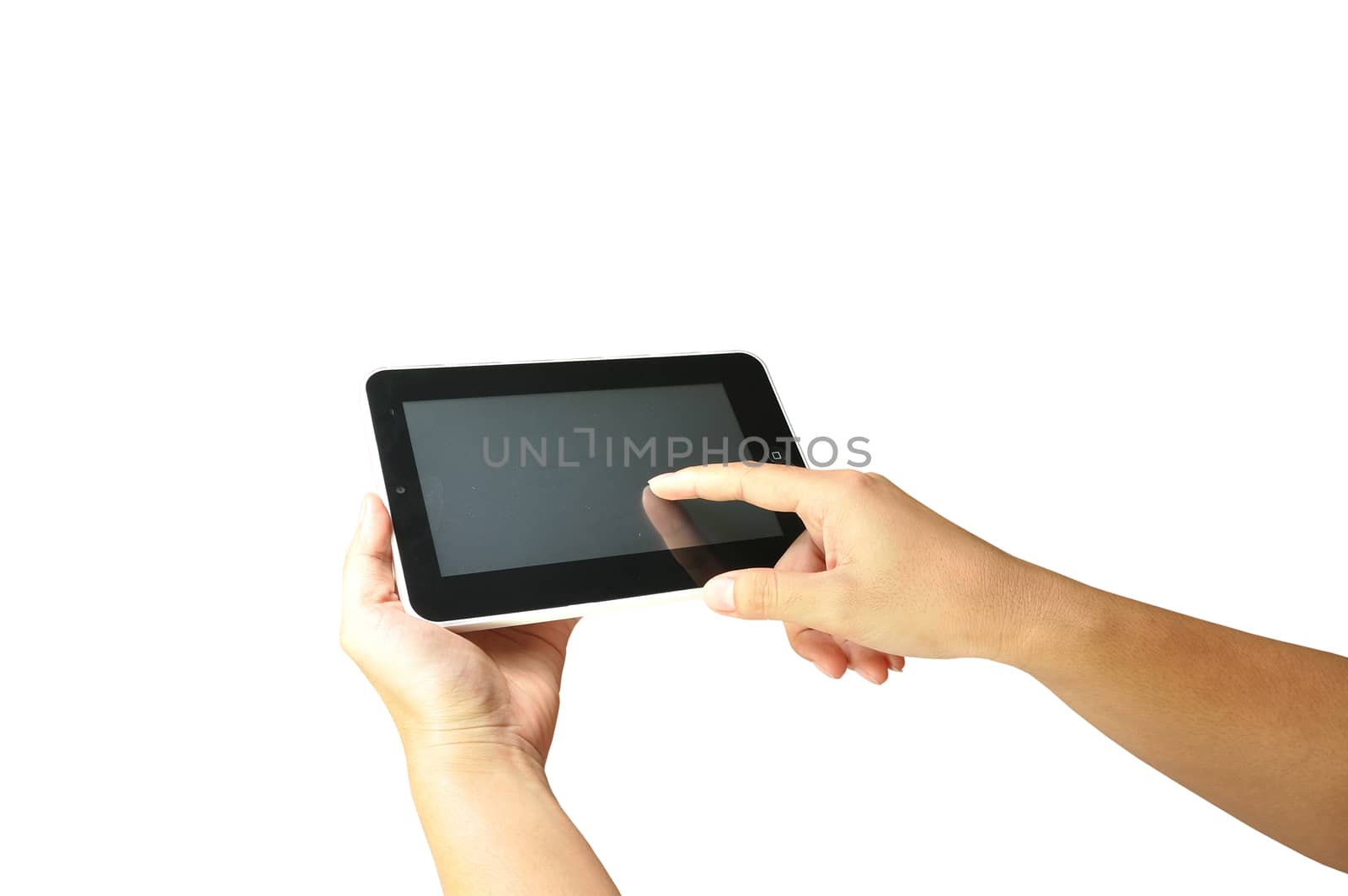 Female Hand holding and point or touch Tablet computer gadget isolated on white background with clipping path