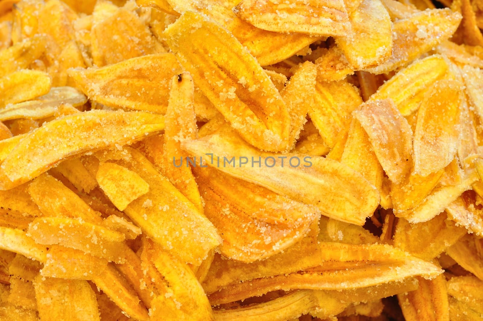 Fried thinly sliced banana chips, a tropical snack 