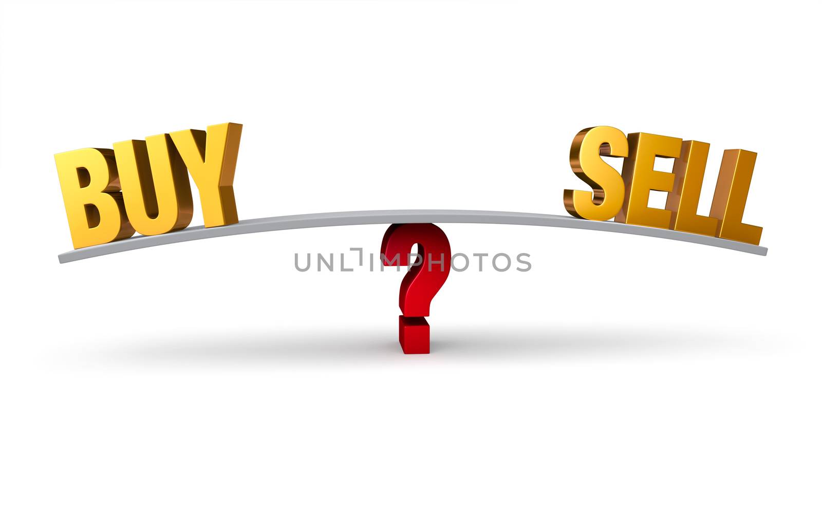A bright, gold "BUY" and "SELL" sit on opposite ends of a gray board which is balanced on a red question mark. Isolated on white.