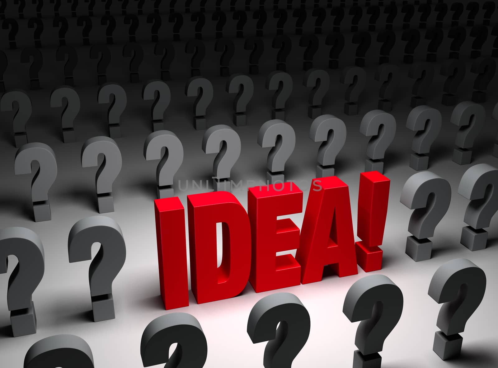 A large, red "IDEA!" stands out in a dark field of gray question marks. 