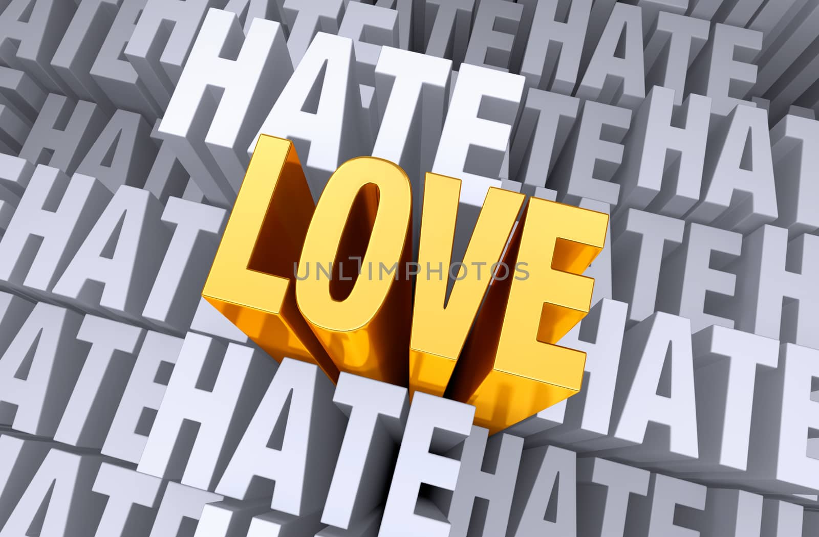 A bright, gold "LOVE" shines and rises above a background gray "HATE".