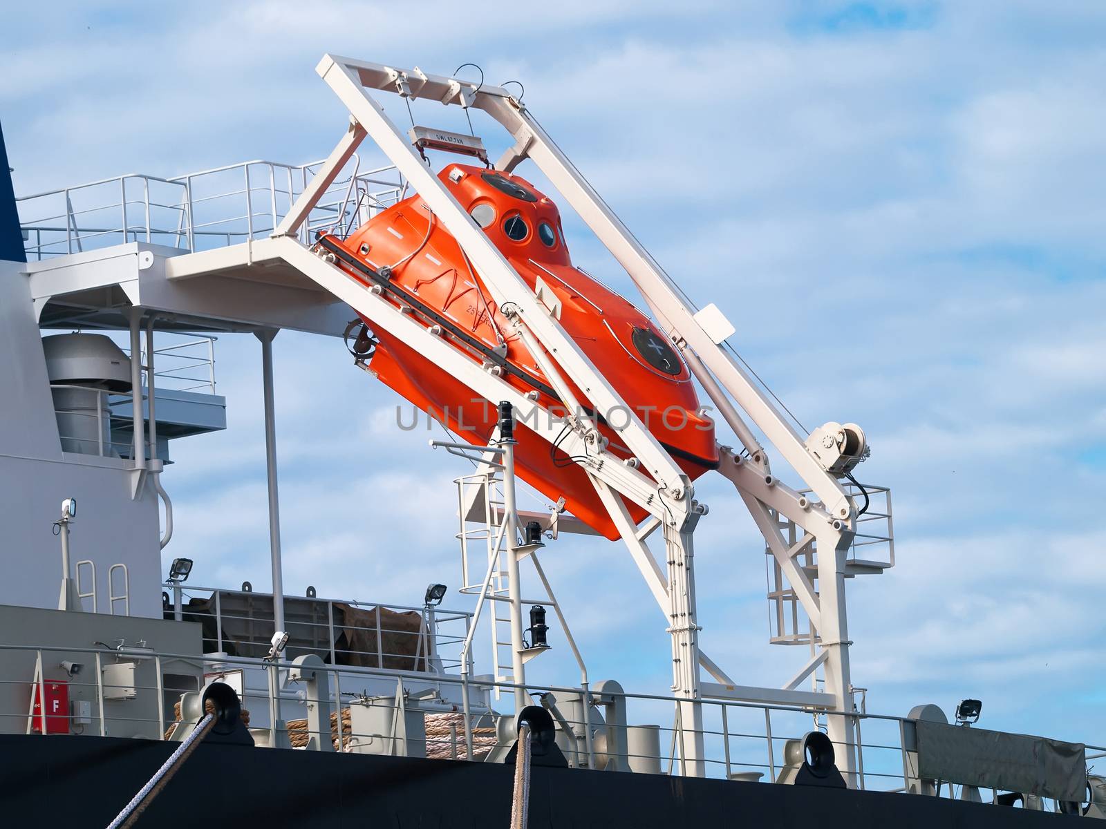 orange free-fall life boat for emergency evacuation