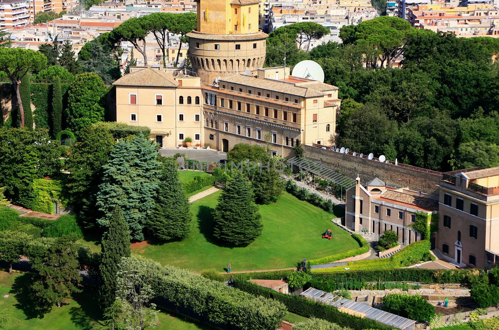 Aerial view of Vatican Gardens from St Peter Basilica, Rome, Italy