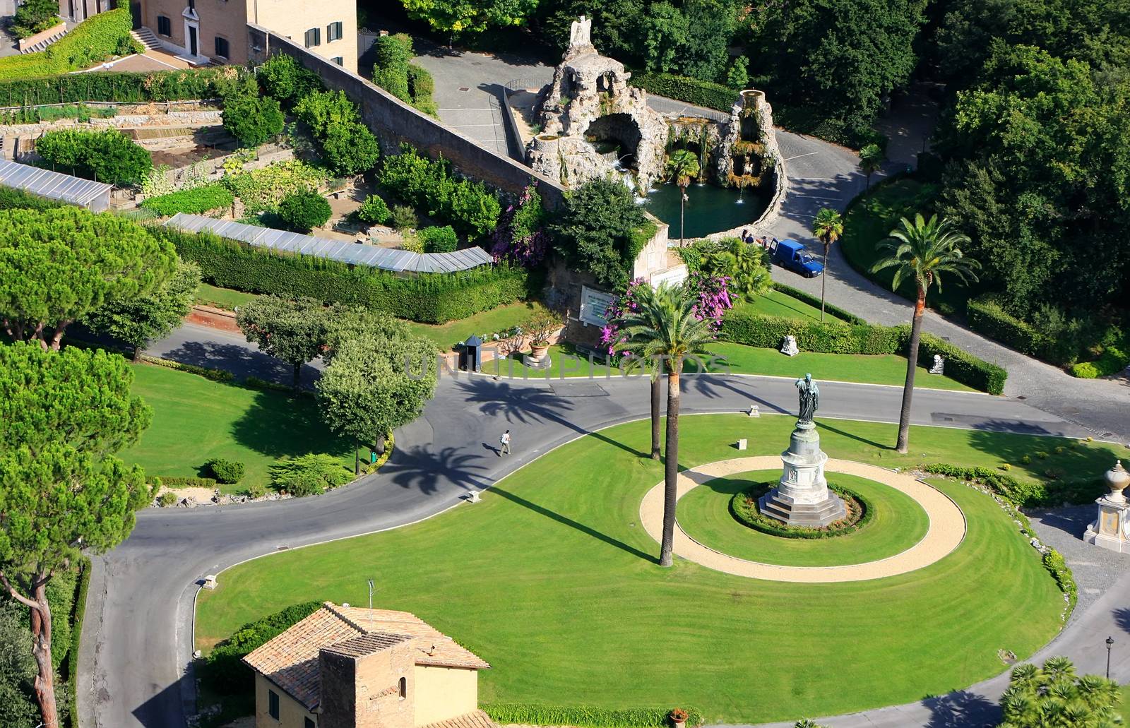 Aerial view of Vatican Gardens from St Peter Basilica, Rome, Italy