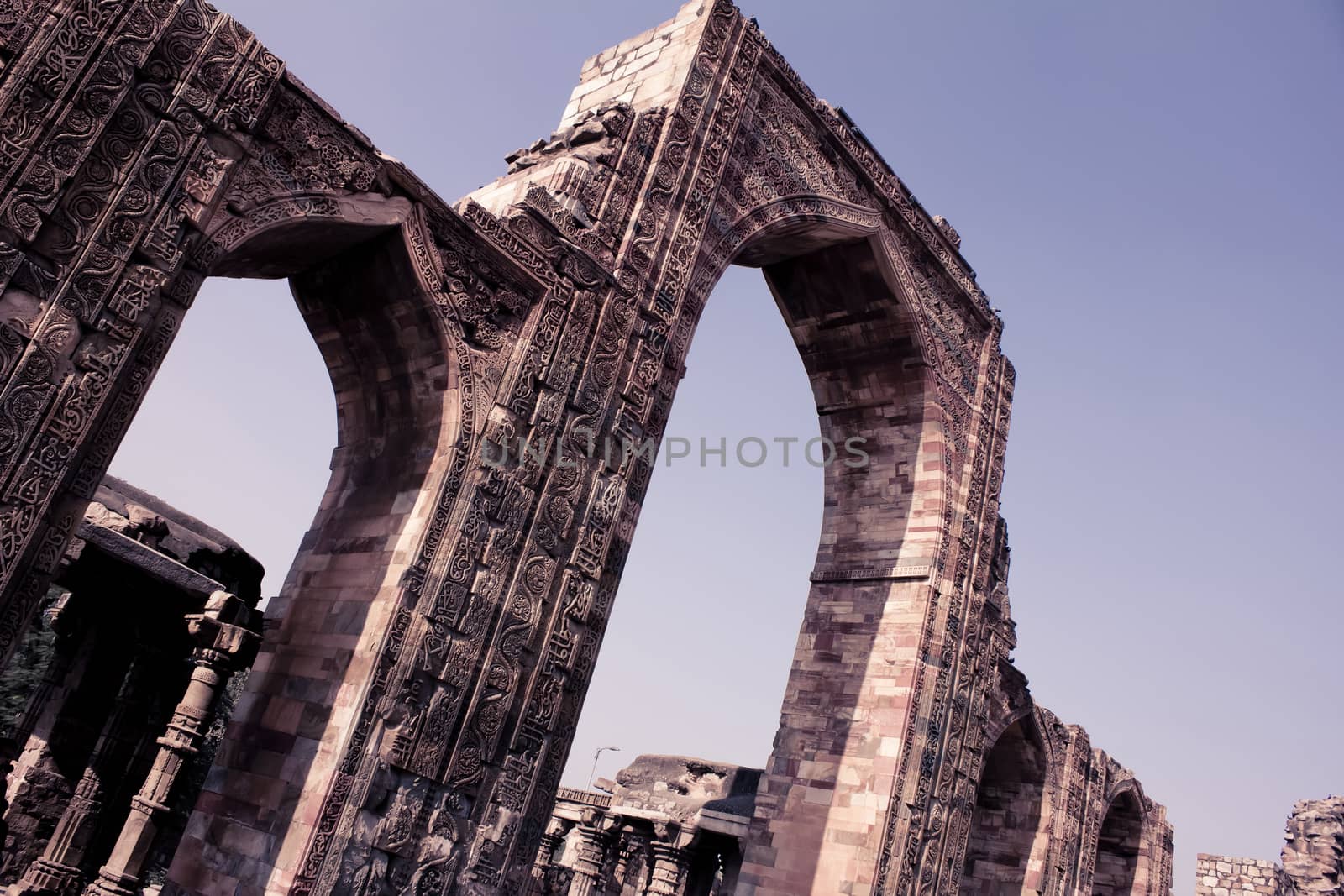 carved wall and pillars in qutub minar, vintage