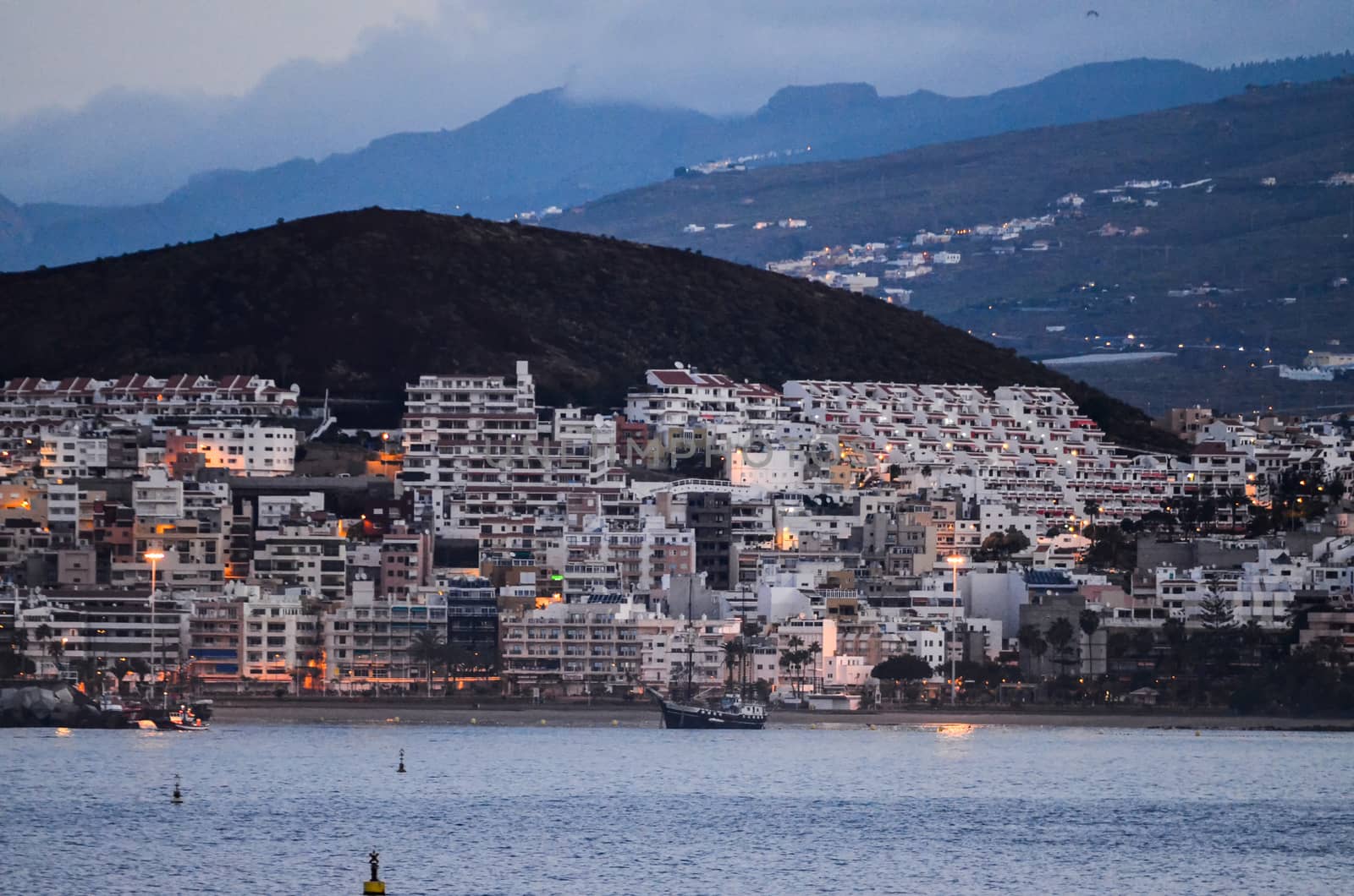 Los Cristianos Ocean Town in South Tenerife at Dusk