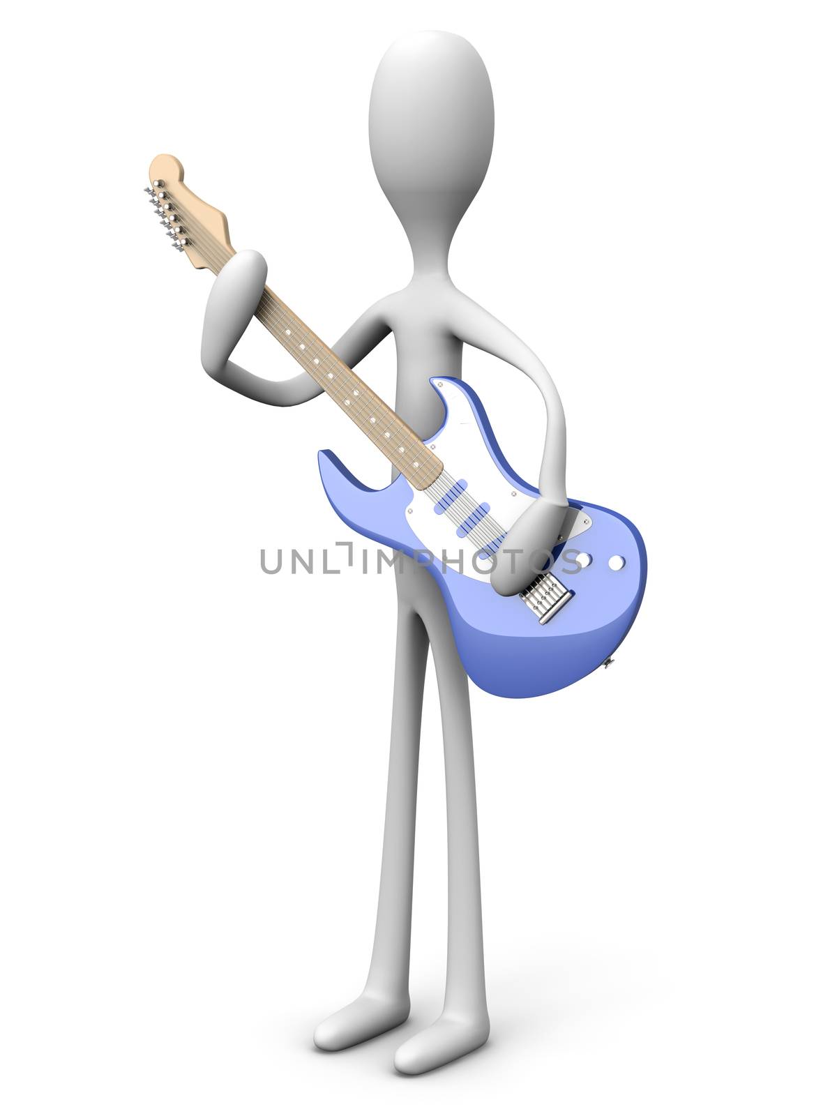 A cartoon guitar with a electric guitar. 3D rendered illustration isolated on white.