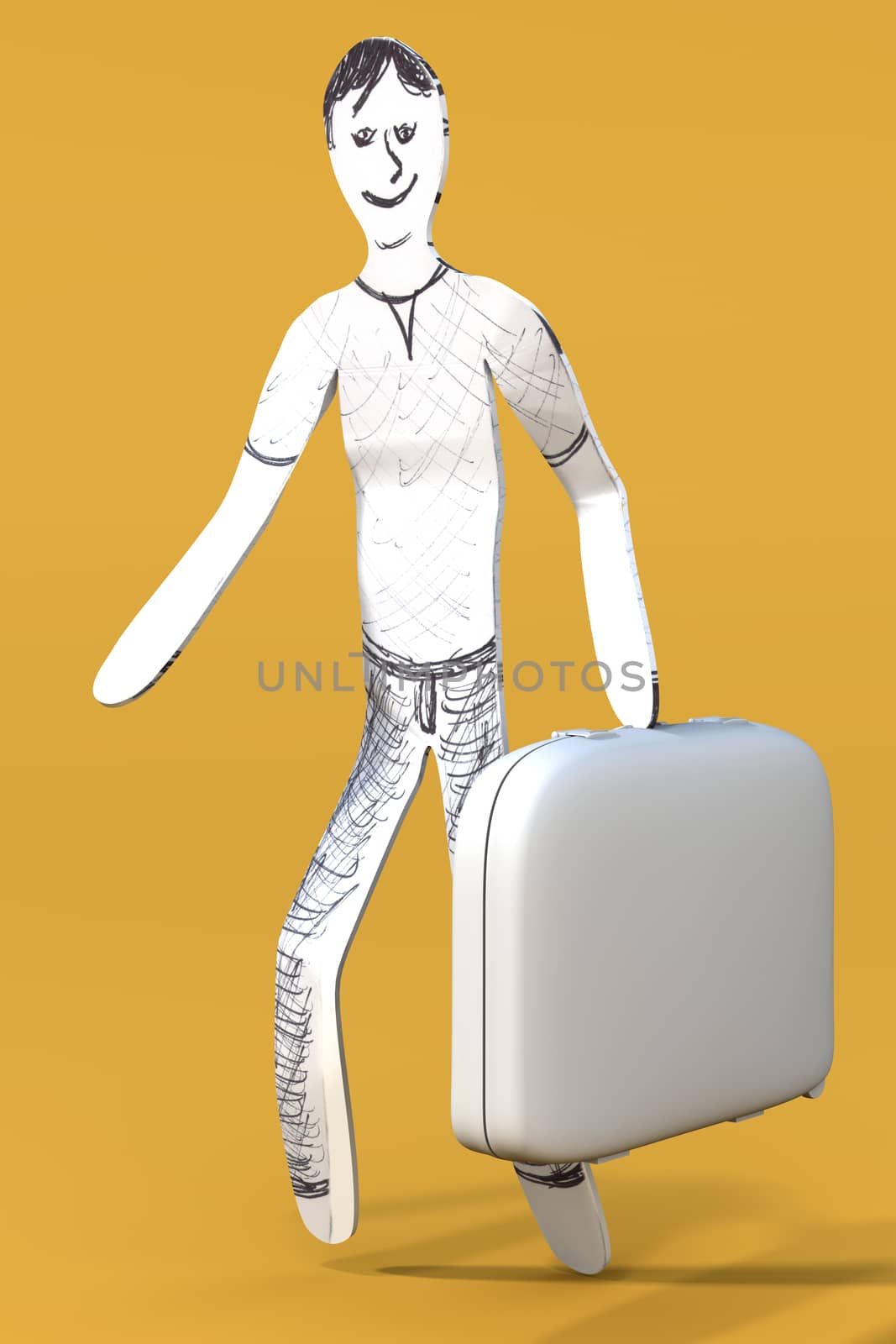 A cartoon guy going to travel with a suitcase. 3d rendered illustration.