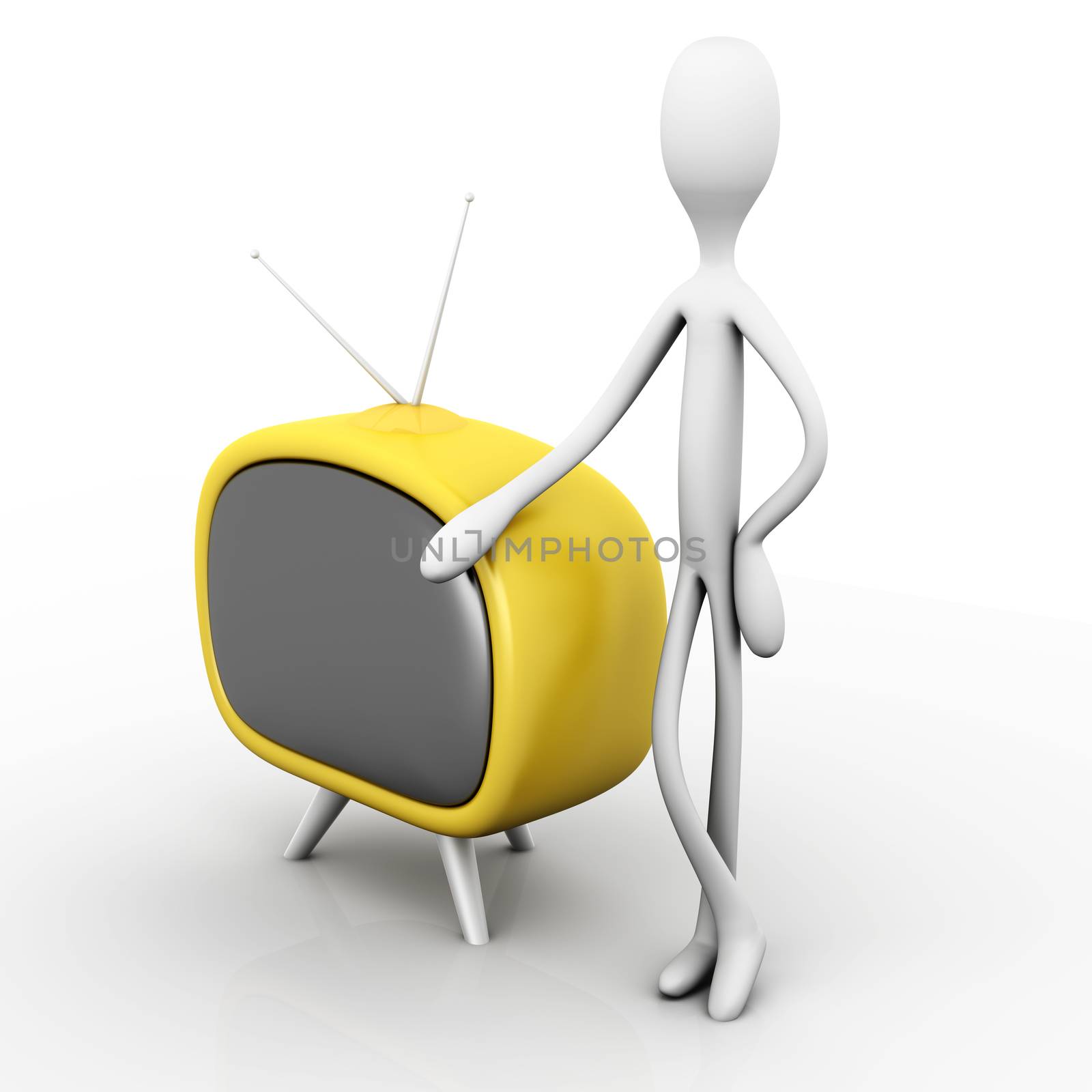 A Guy leaning on a TV. 3D rendered cartoon illustration. Isolated on white.