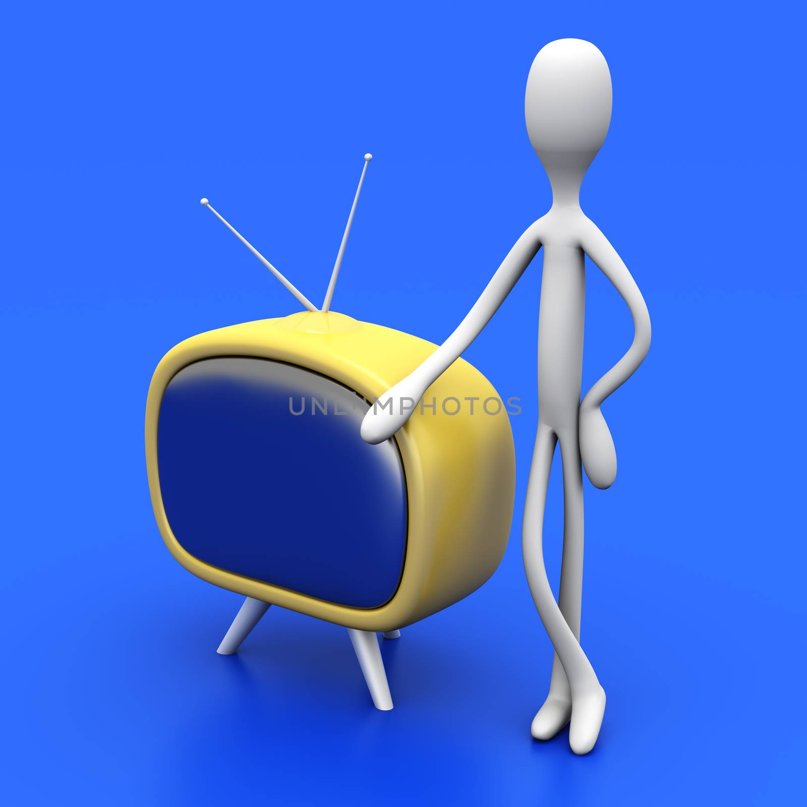 A Guy leaning on a TV. 3D rendered cartoon illustration.  