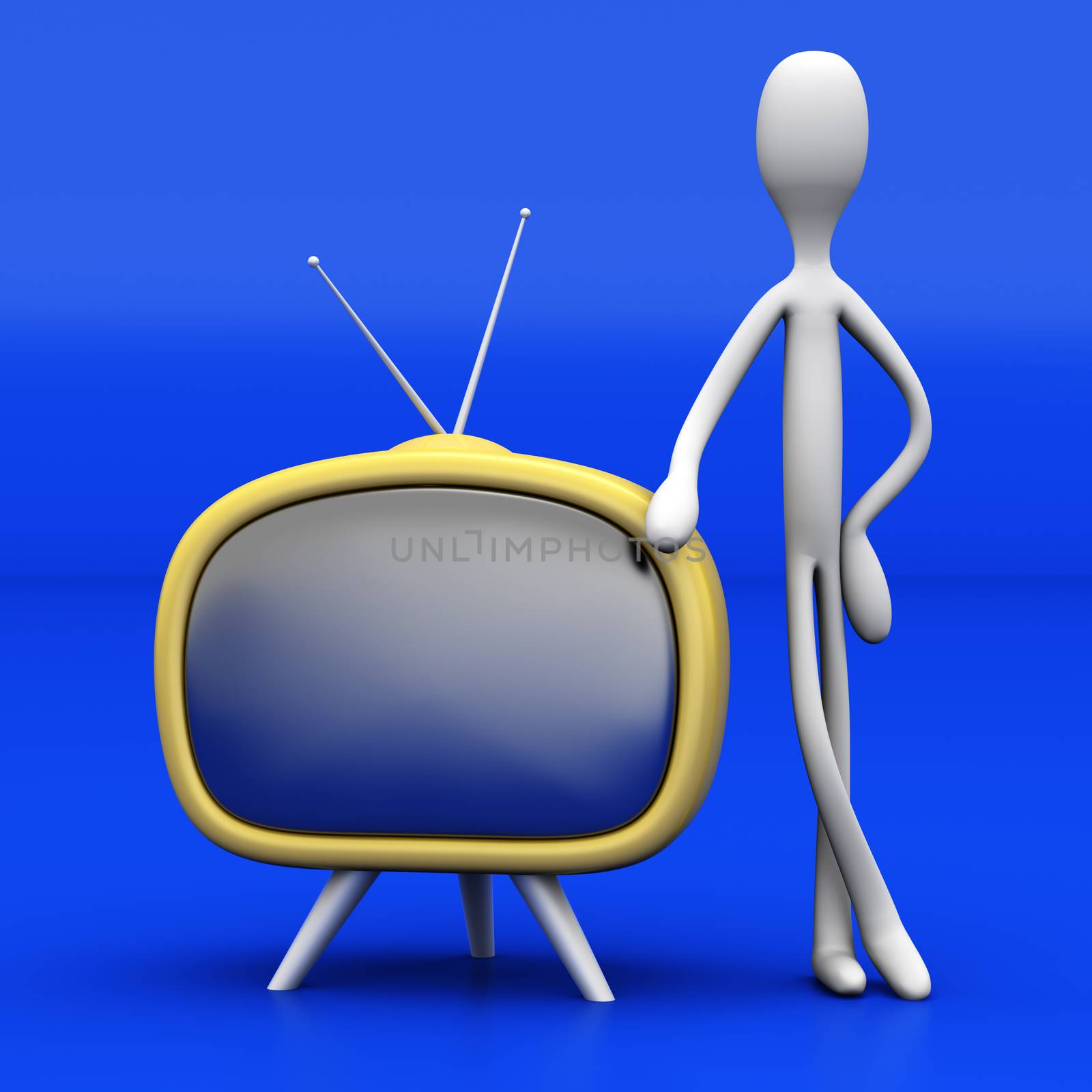 A Guy leaning on a TV. 3D rendered cartoon illustration.  