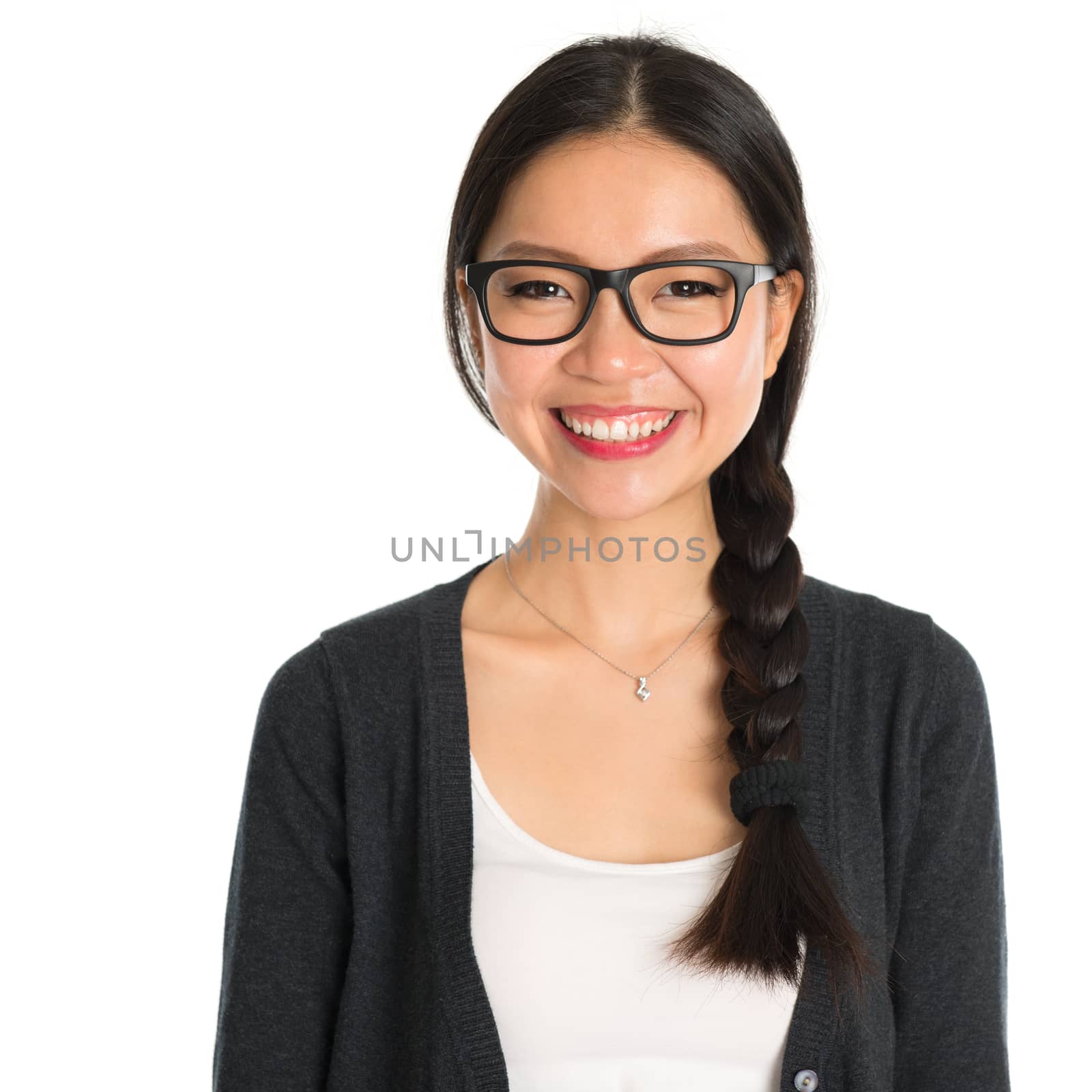 Close up portrait of Asian young female office lady standing isolated on white background.
