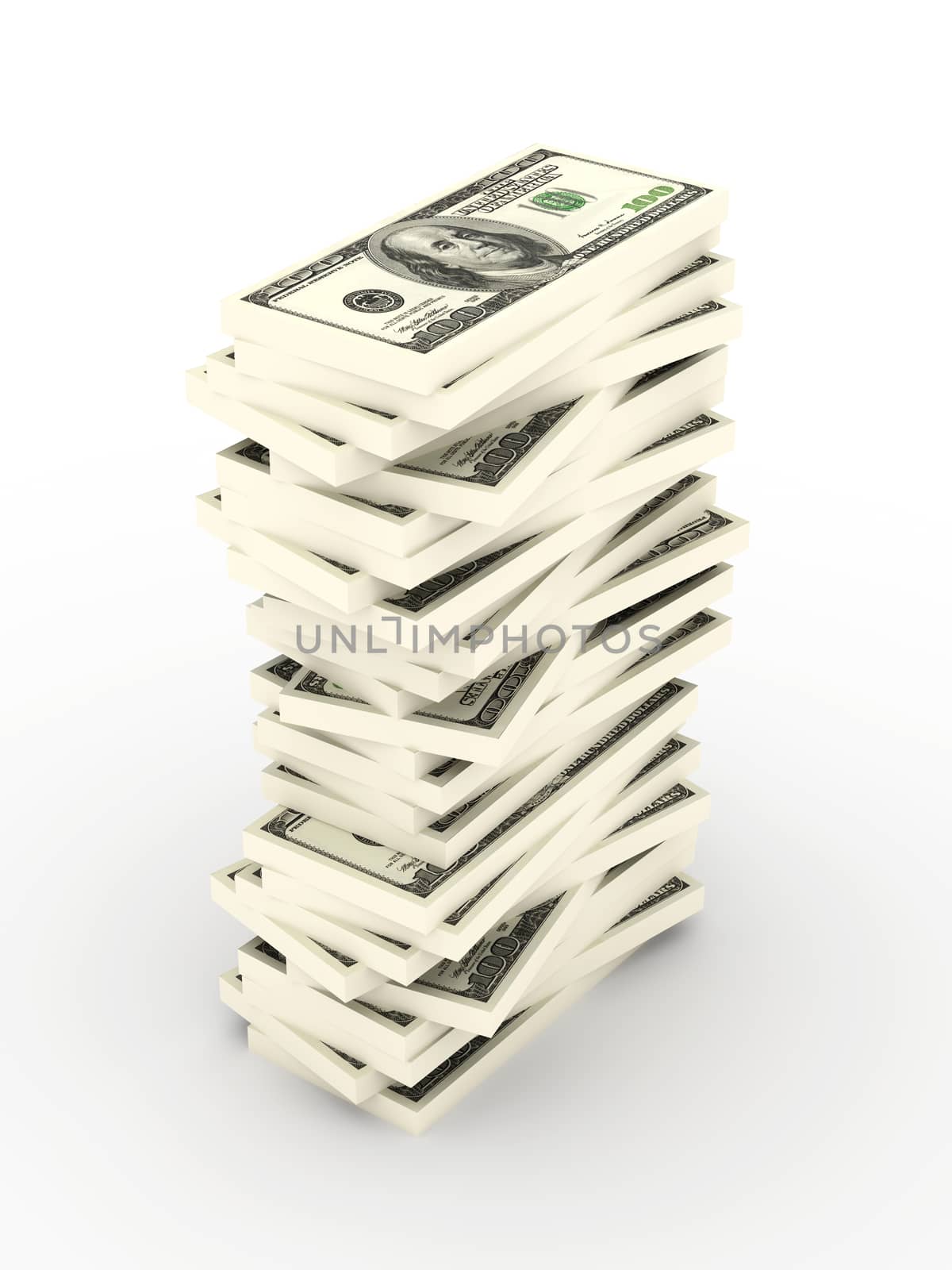 3D rendered Illustration. Stacks of 100 Dollar Bills. 
