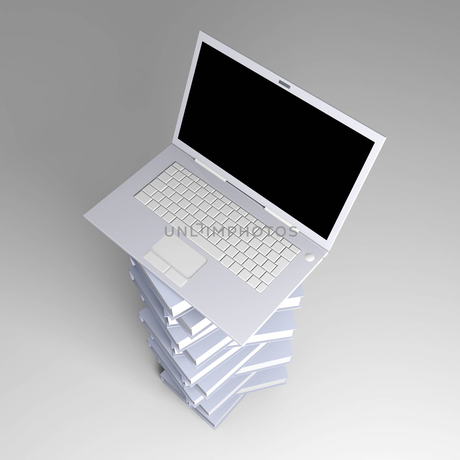 A Laptop with books. 3D rendered illustration.  