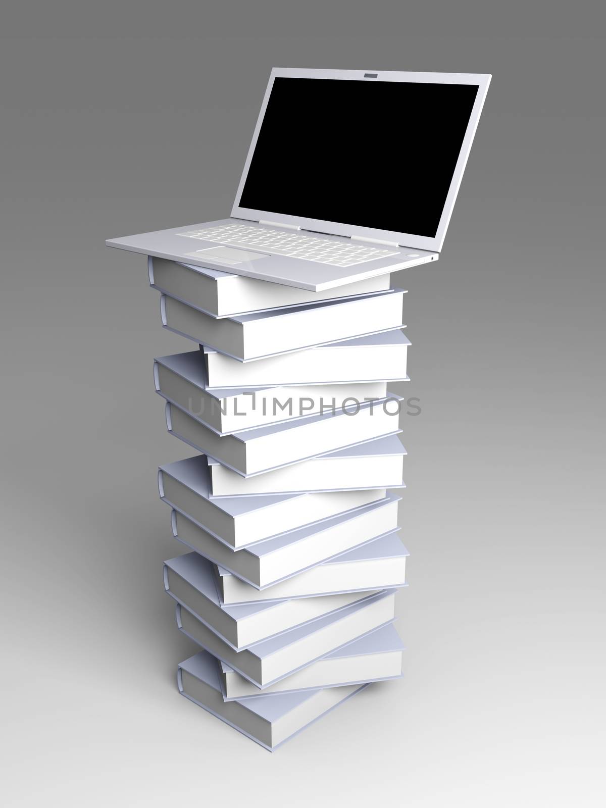 A Laptop with books. 3D rendered illustration.  