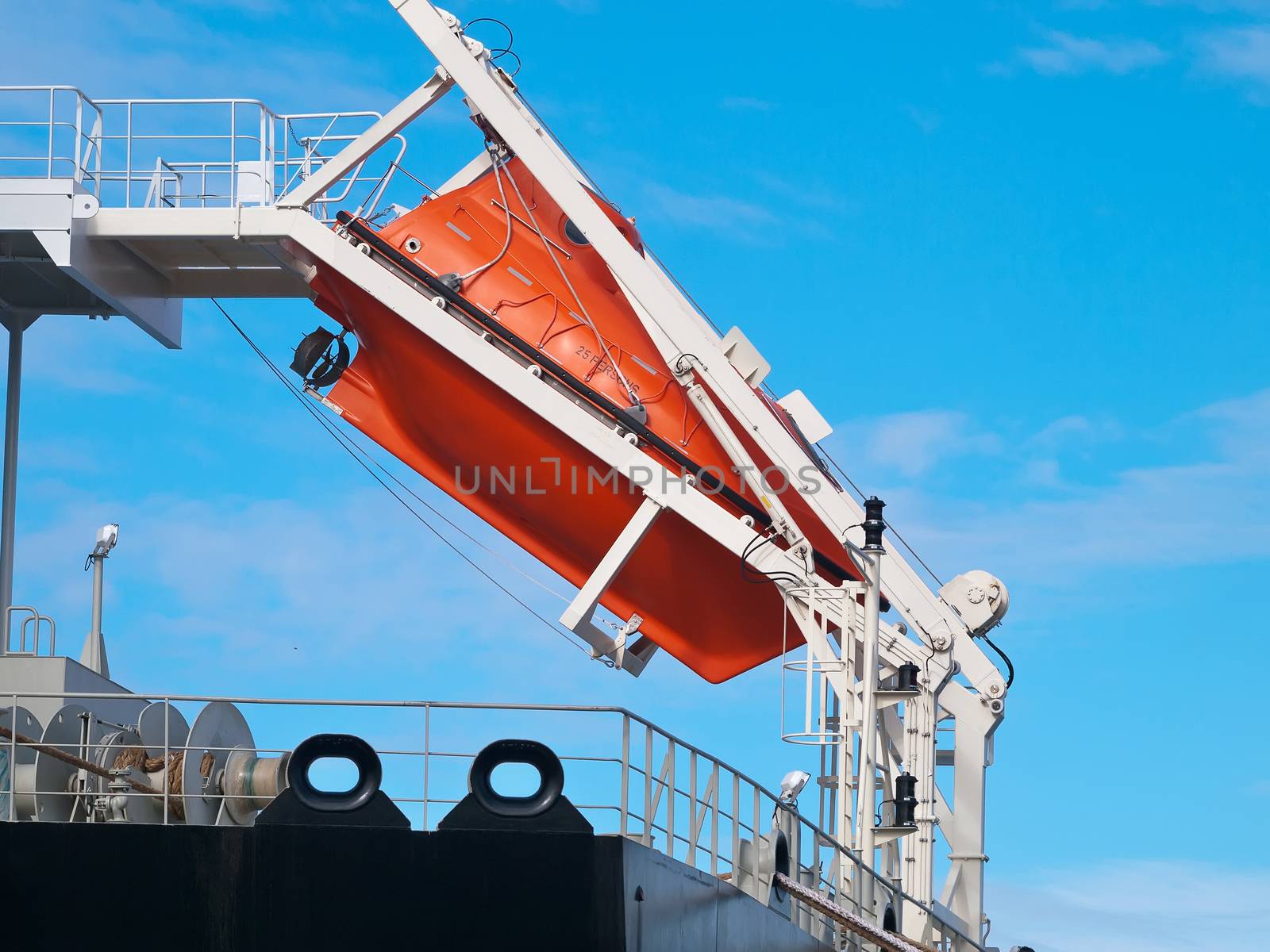 orange free-fall life boat for emergency evacuation