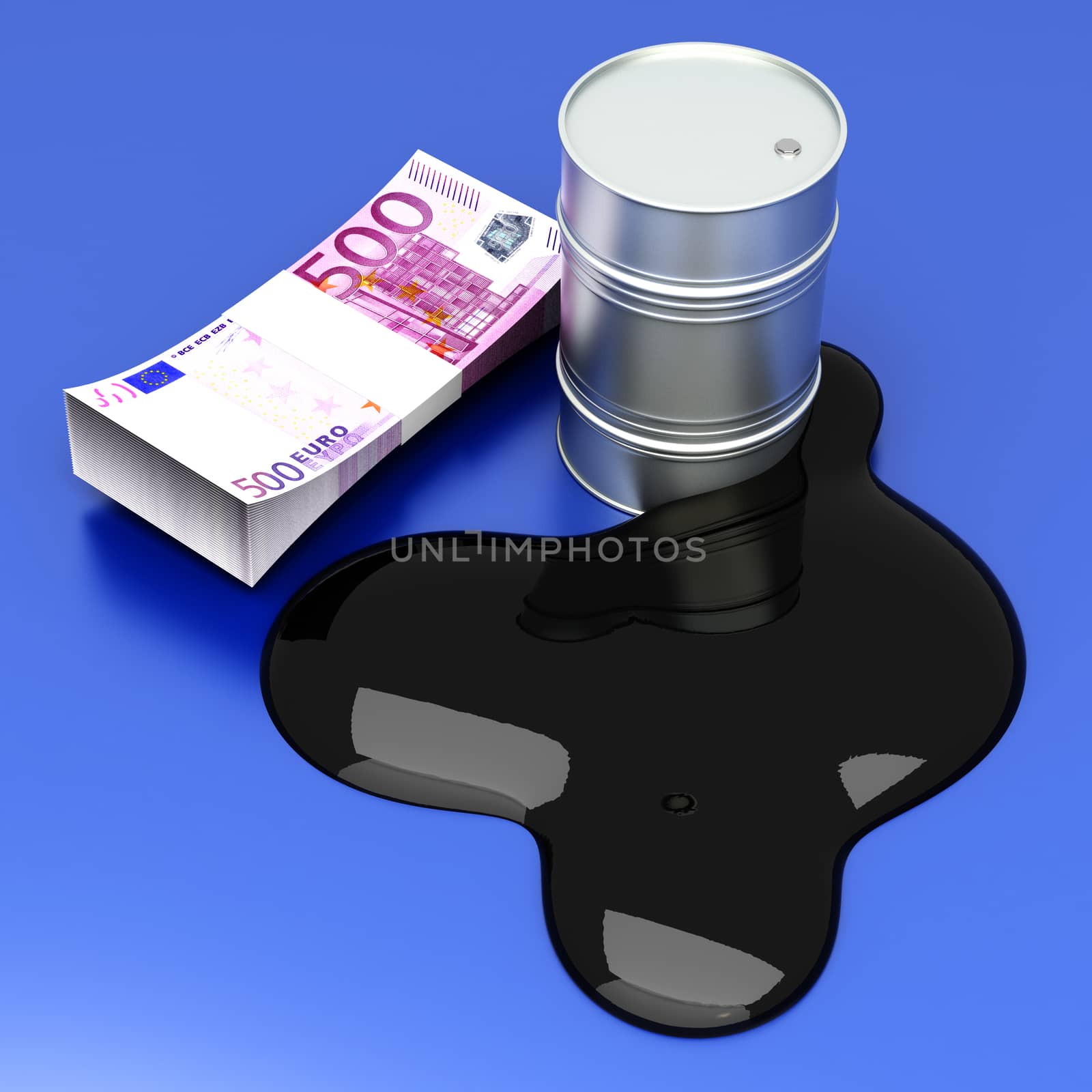 Euros and oil. 3D rendered Illustration.