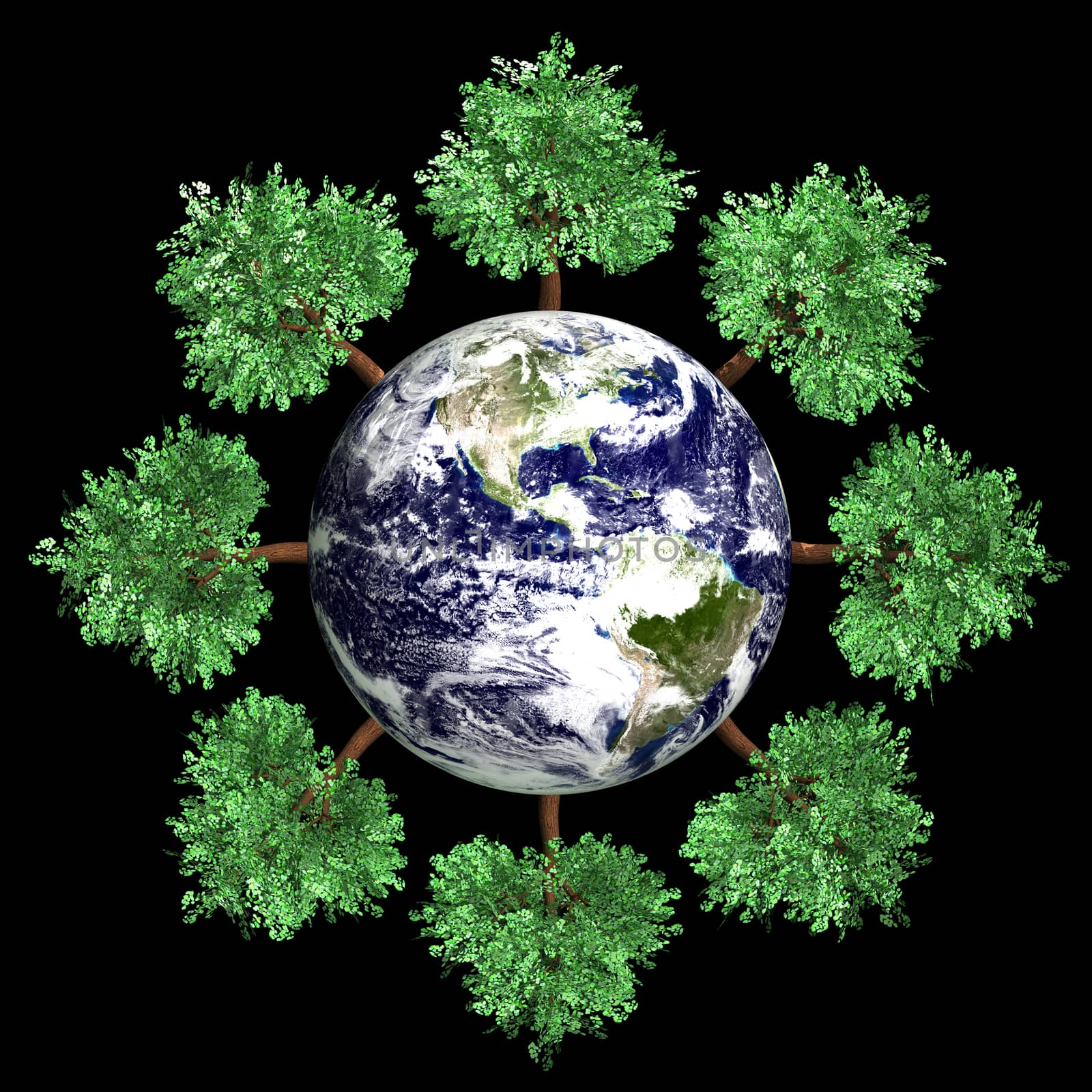 Symbol of environment and ecology. A world with trees. 3D rendered Illustration.