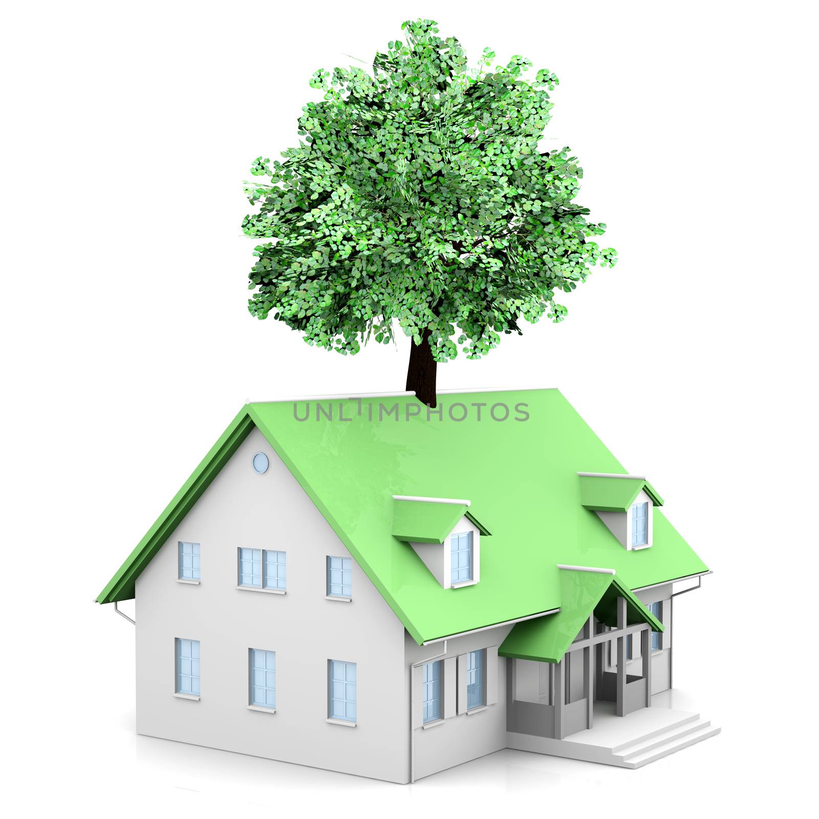 Symbol of environment and ecology. An ecological built house. 3D rendered Illustration.