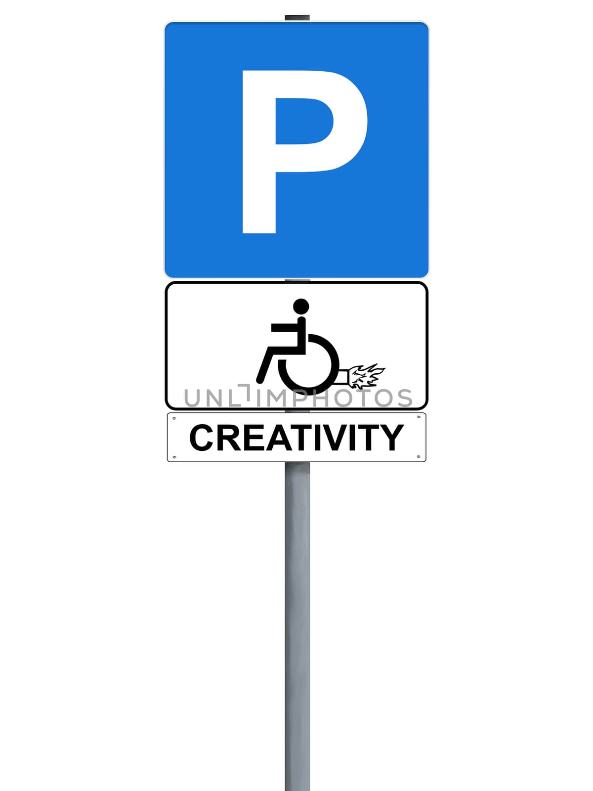 Parking spot for handicapped sign with drawing of rocket, isolated on white with title creativity