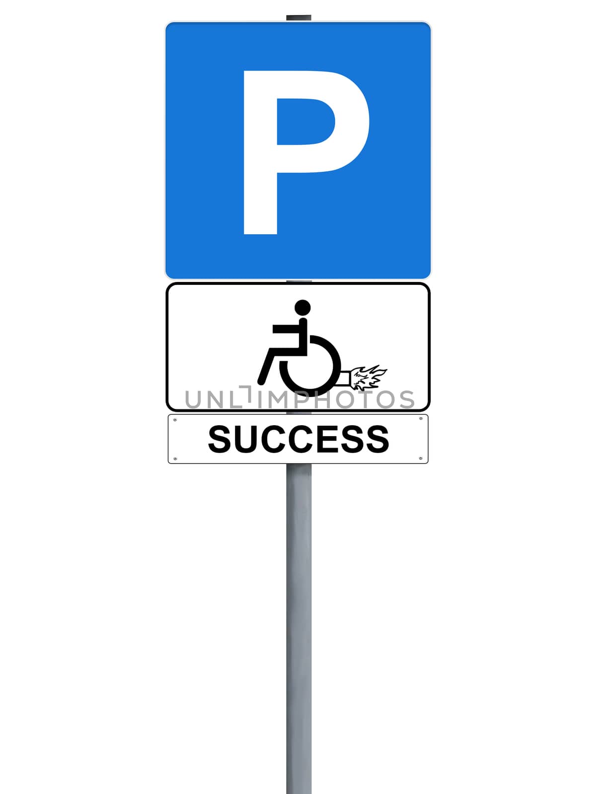 Parking spot for handicapped sign with drawing of rocket, isolated on white with title success