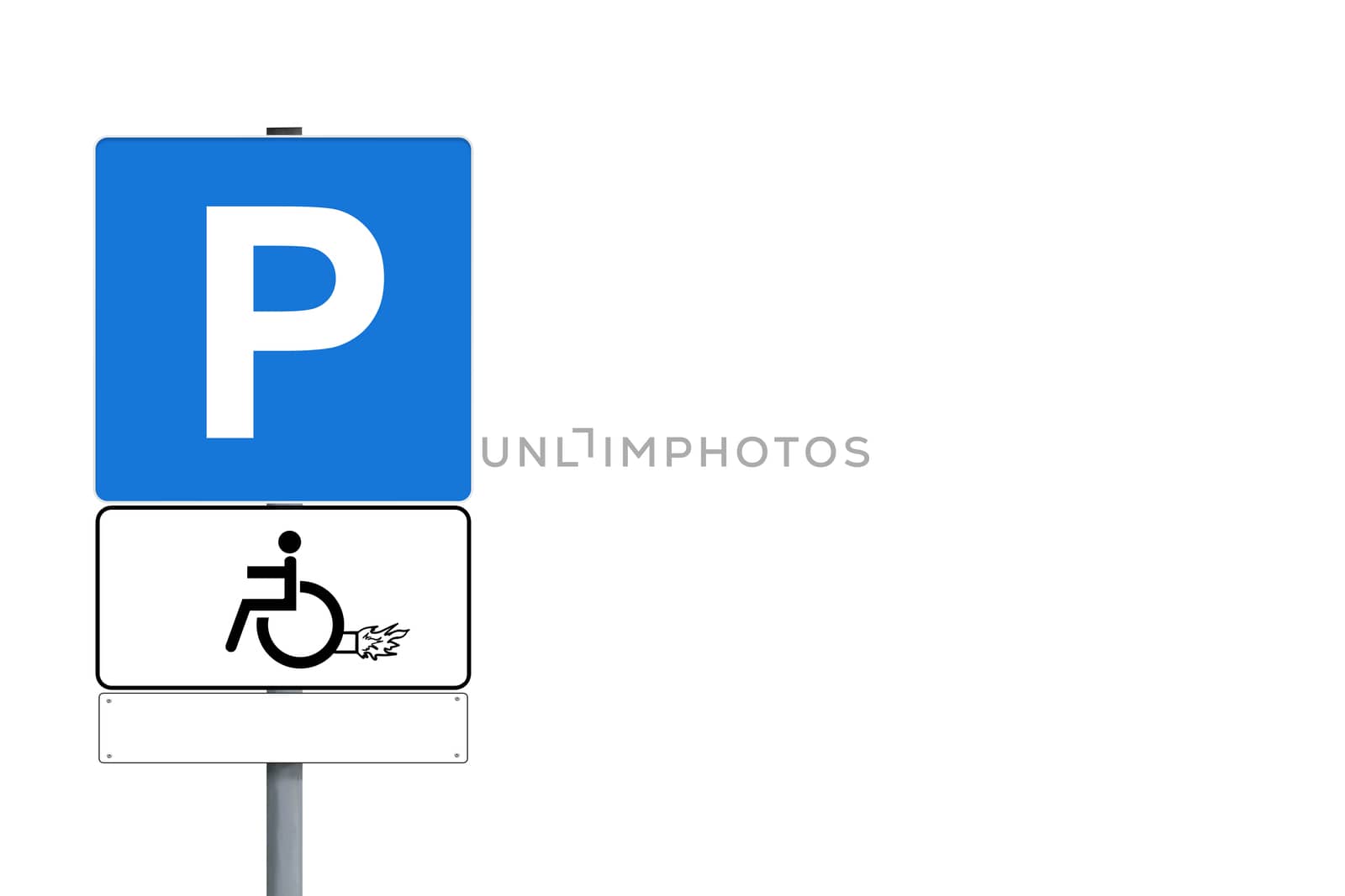 Parking spot for handicapped sign with drawing of rocket, isolated on white with copyspace