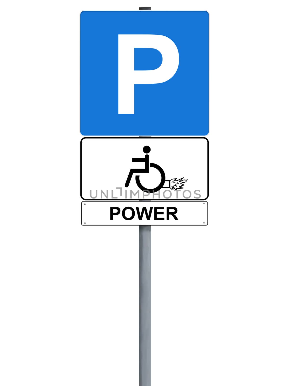 Parking spot for handicapped sign with drawing of rocket, isolated on white with title power