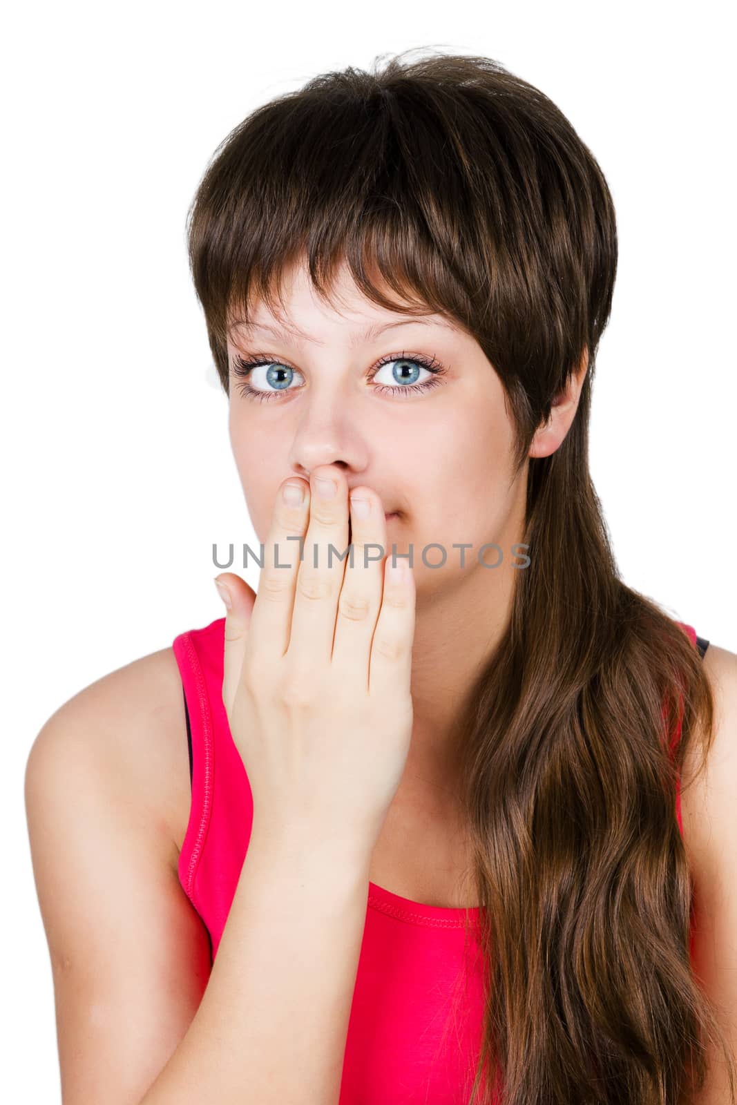 young beautiful woman covering her mouth with her hand. isolated on white background