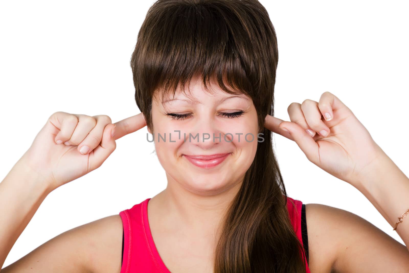 young beautiful woman covering her ears. isolated on white background