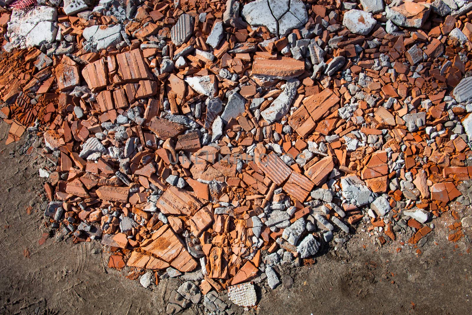 Pieces of beaten bricks and concrete blocks