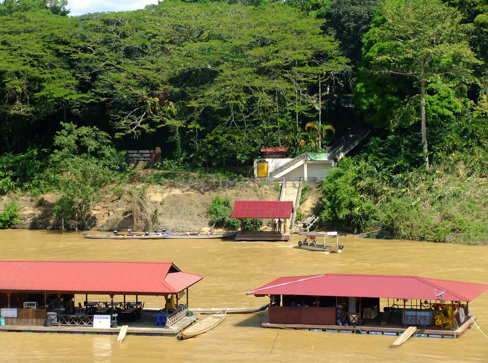 Floating restaurants on Tembeling river, Taman Negara National Park, Malaysia