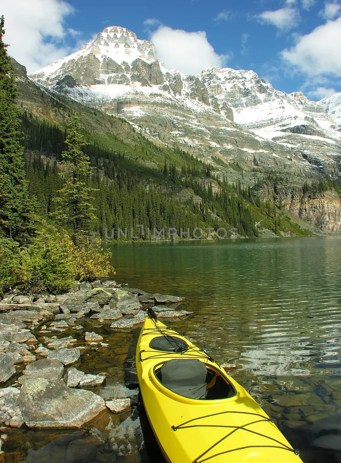 Yellow kayak at Lake O'Hara, Yoho National Park, British Columbia, Canada