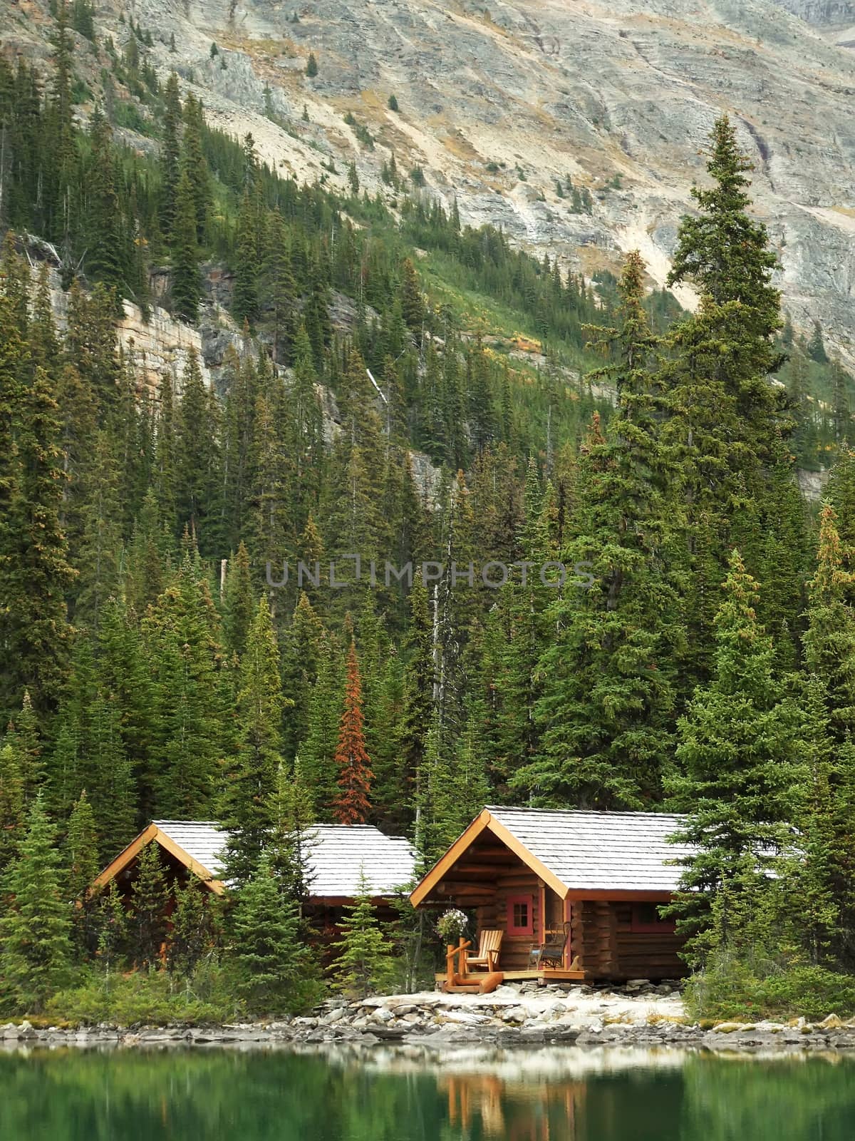Wooden cabins at Lake O'Hara, Yoho National Park, British Columbia, Canada