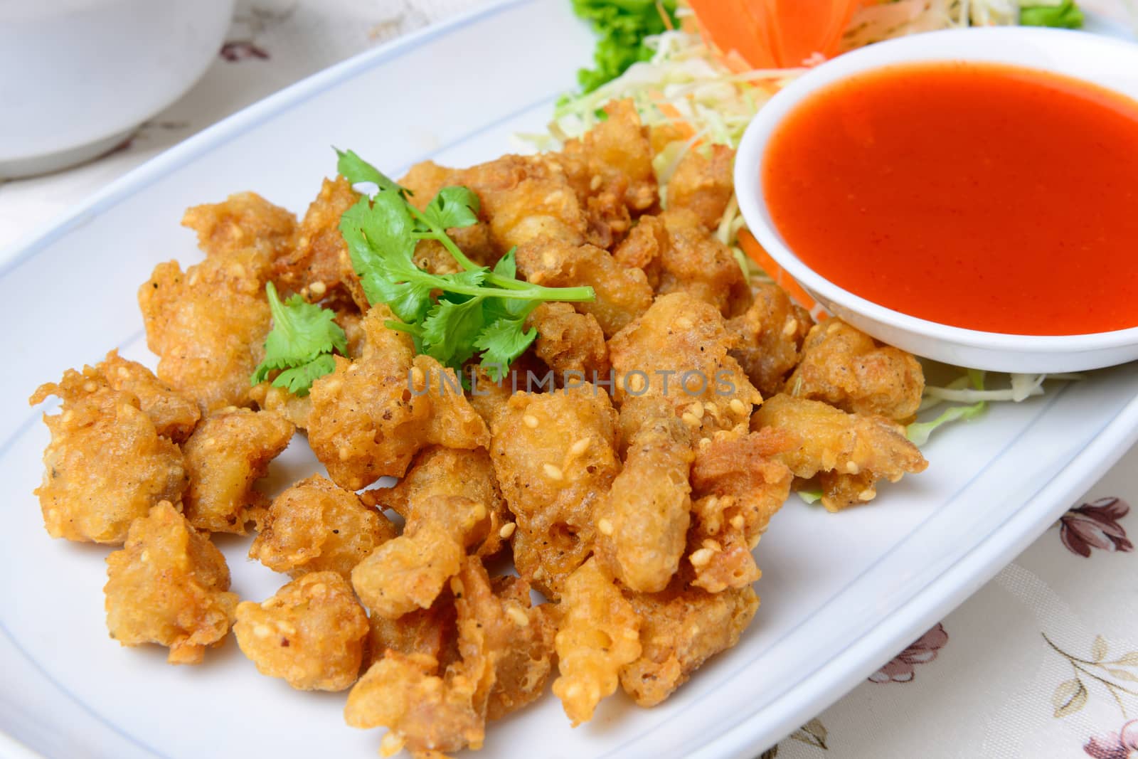 deep fried chicken tendon with chili sauce, thai food