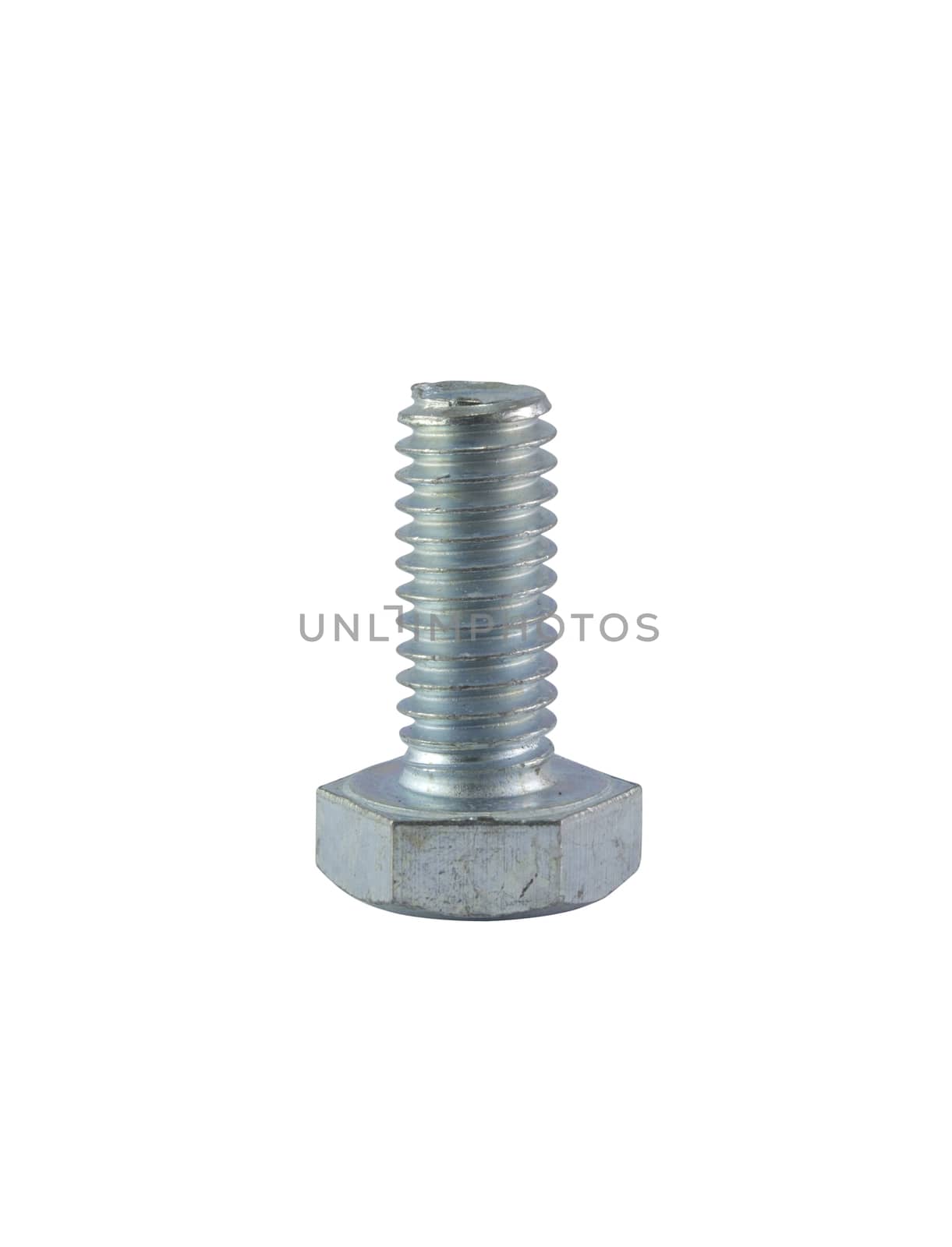 Stainless steel bolt on white background, close up