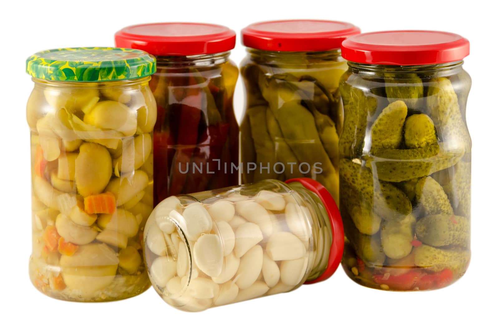 set jars of pickled preserved vegetables for winter resource