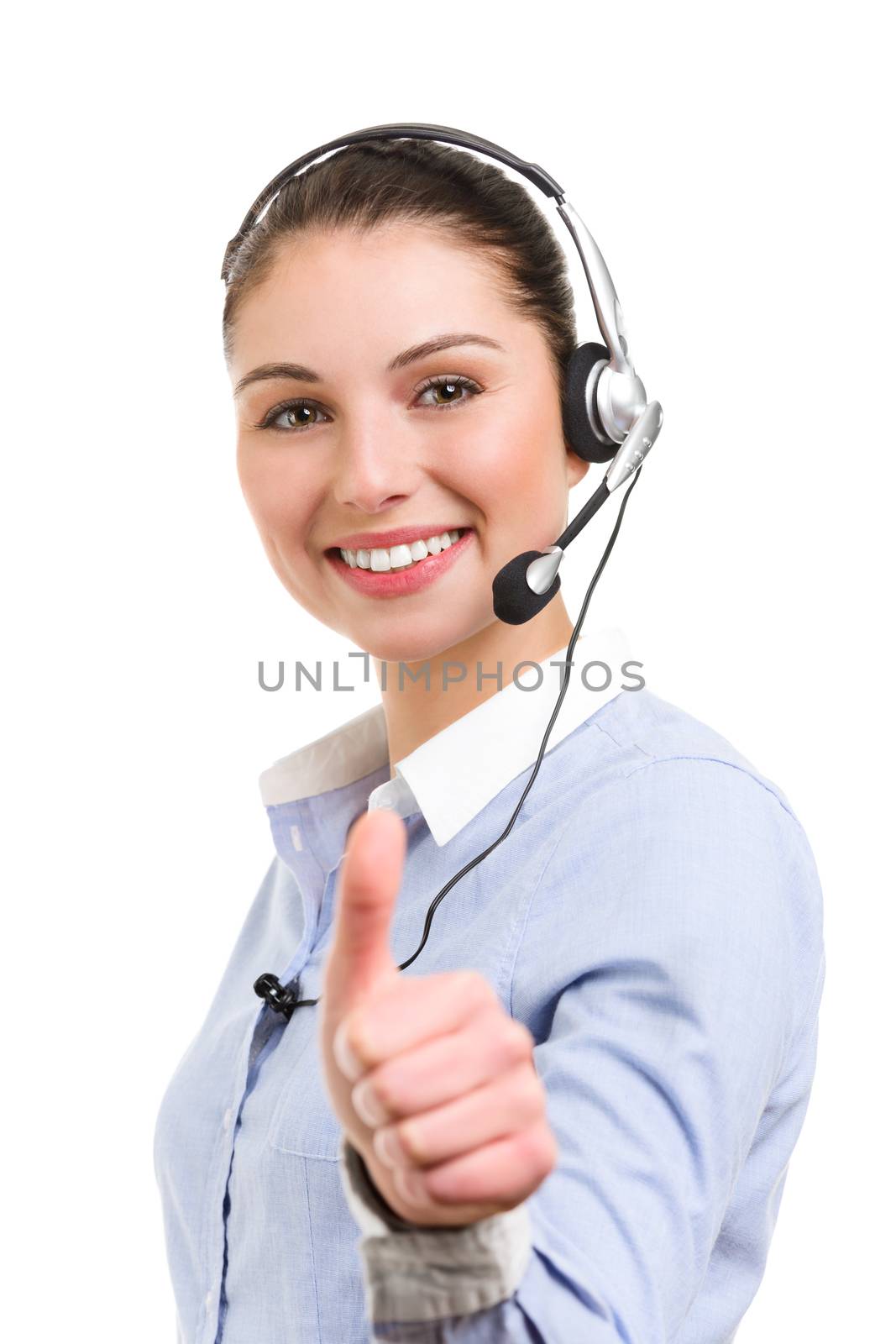 Portrait of happy smiling female support phone operator in ok gesture