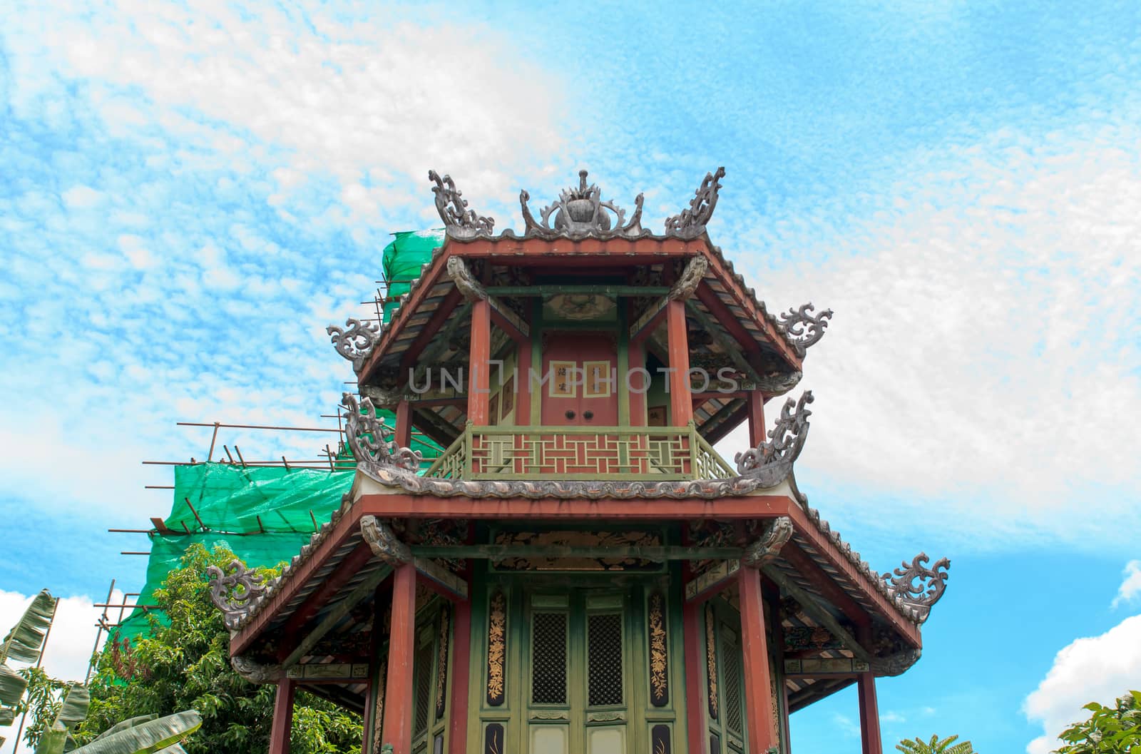 Chinese pagoda under blue sky in thailand.