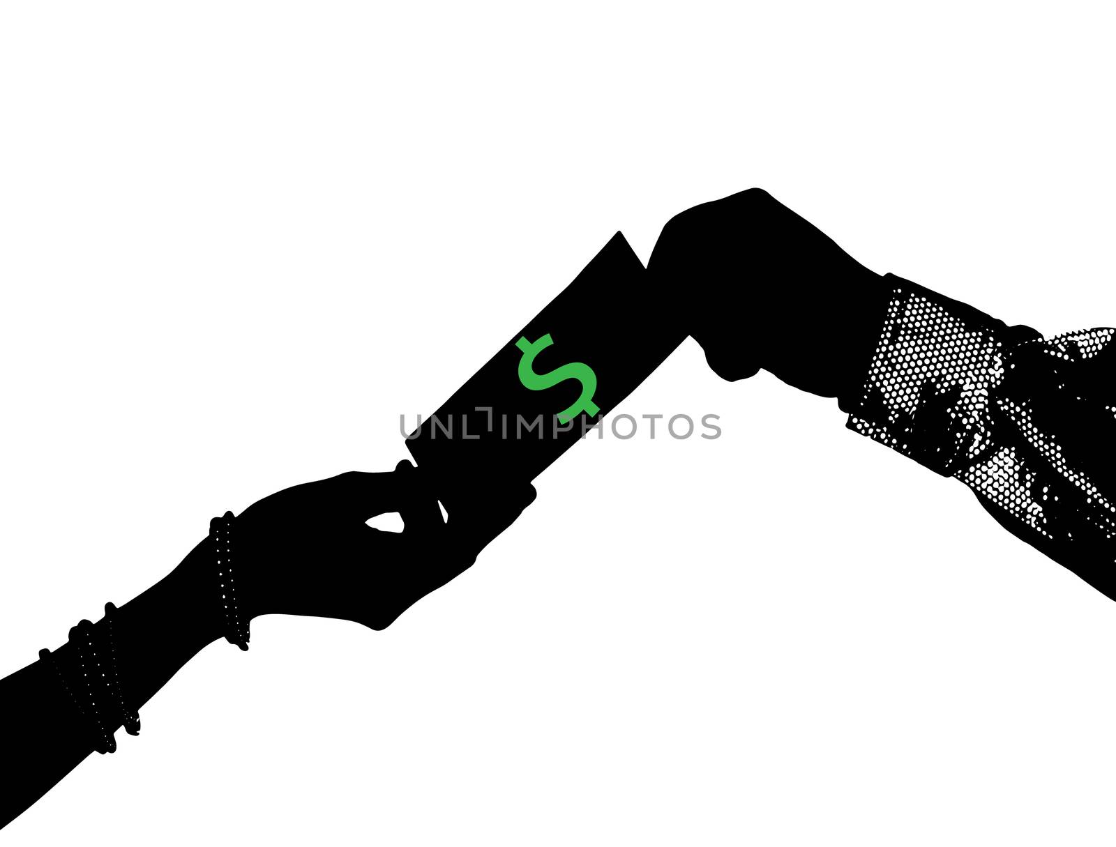 Transfer of money from hand to hand, isolated on white background