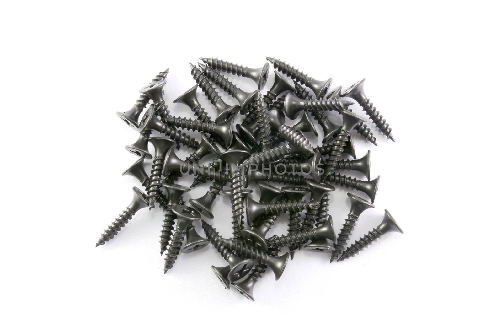 Black drywall screws isolated on white background. 