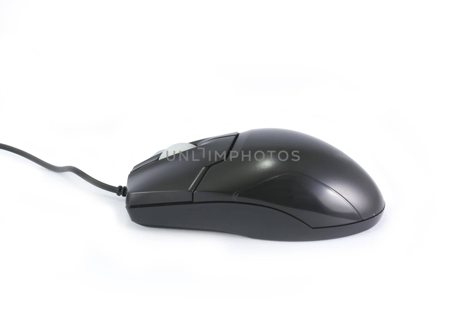 Black computer mouse isolated on white background.