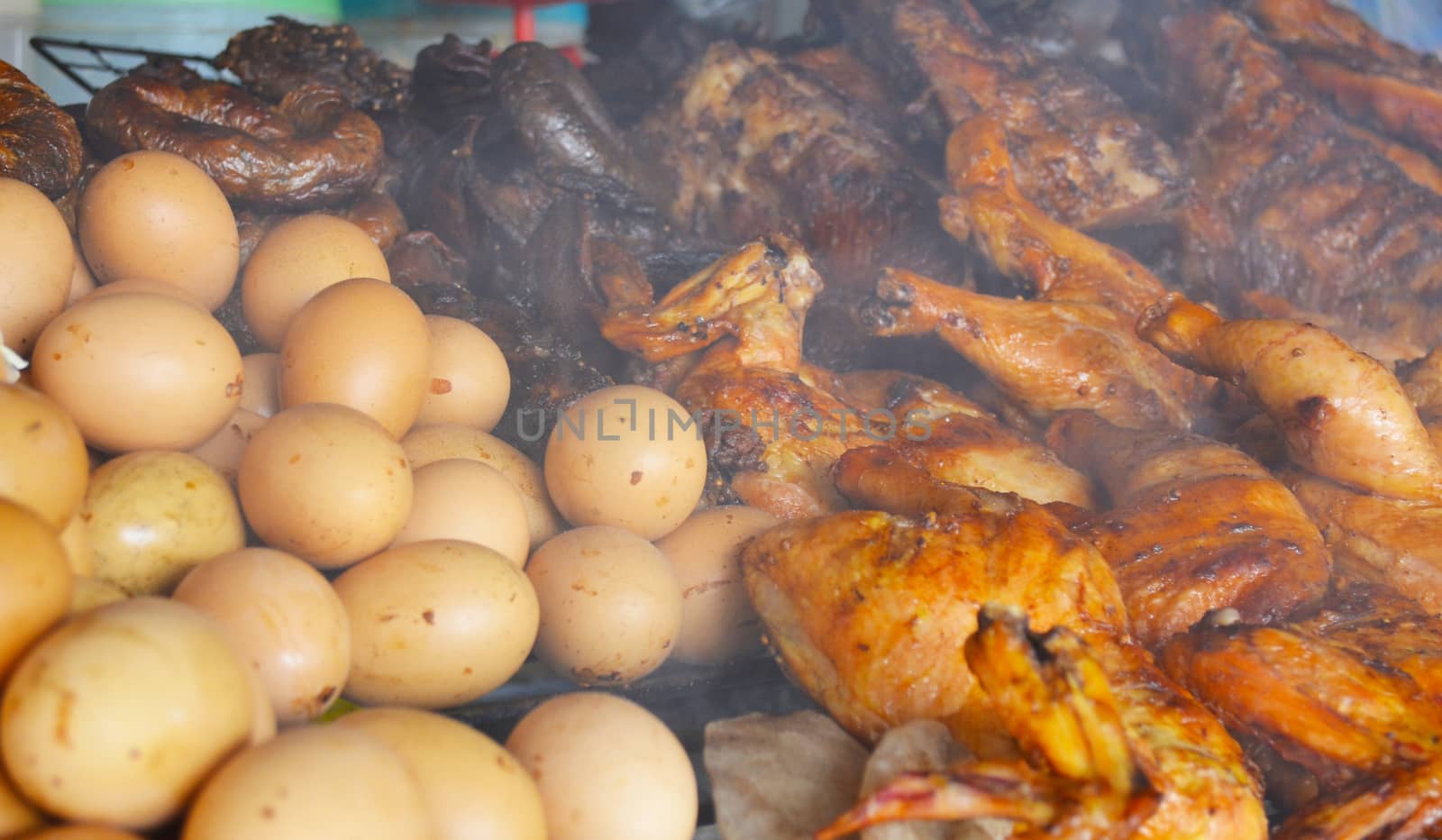 Thai Grilled Food Especially Egg, Chicken, Chicken Intestine, 
Fish, Meat, Meat Ball, Pork, Sausage etc.