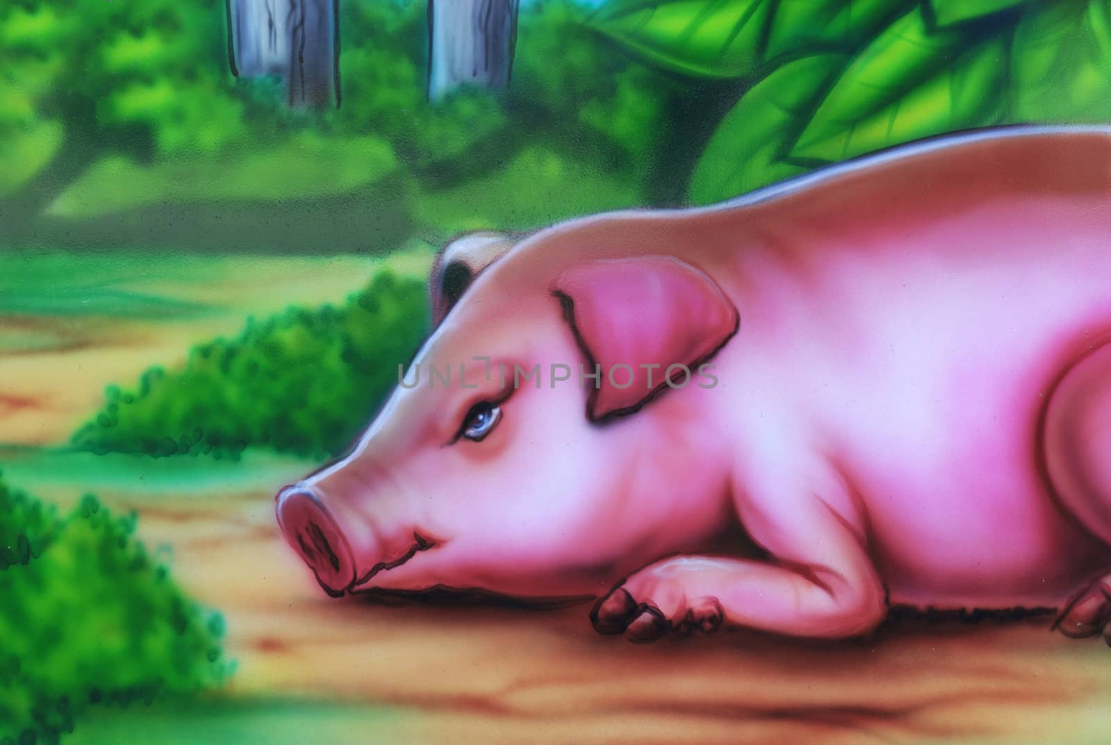 Painting in thailand temple that there are a lot story of animal on the wall, Pig.