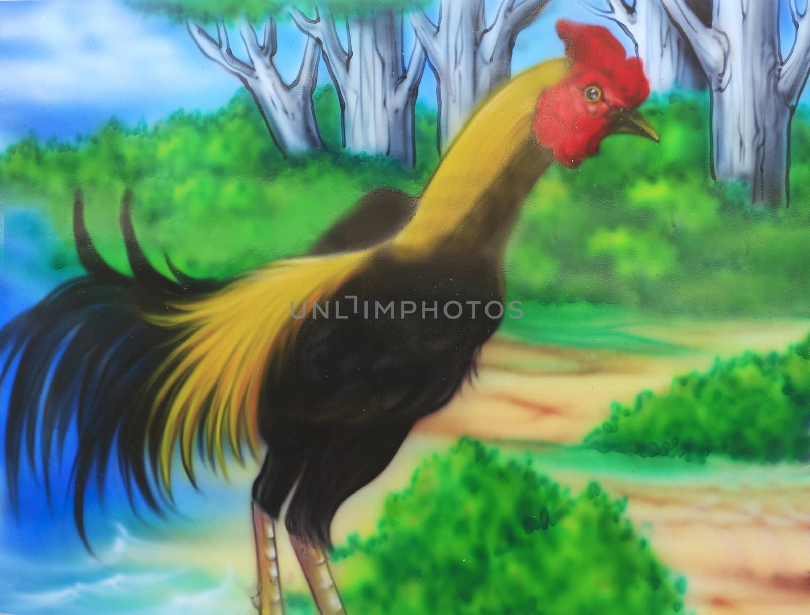 Painting in thailand temple that there are a lot story of animal on the wall, Chicken.