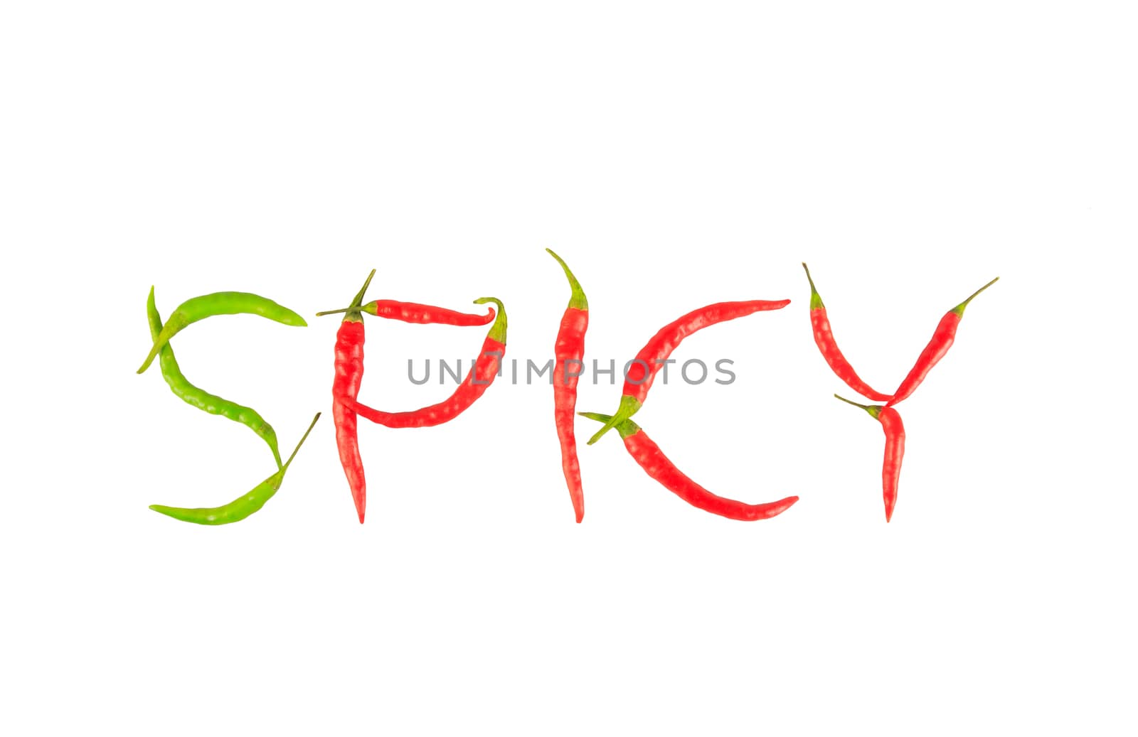 Fresh and dried chili peppers isolated on white background, created is the "SPICY" word. 
