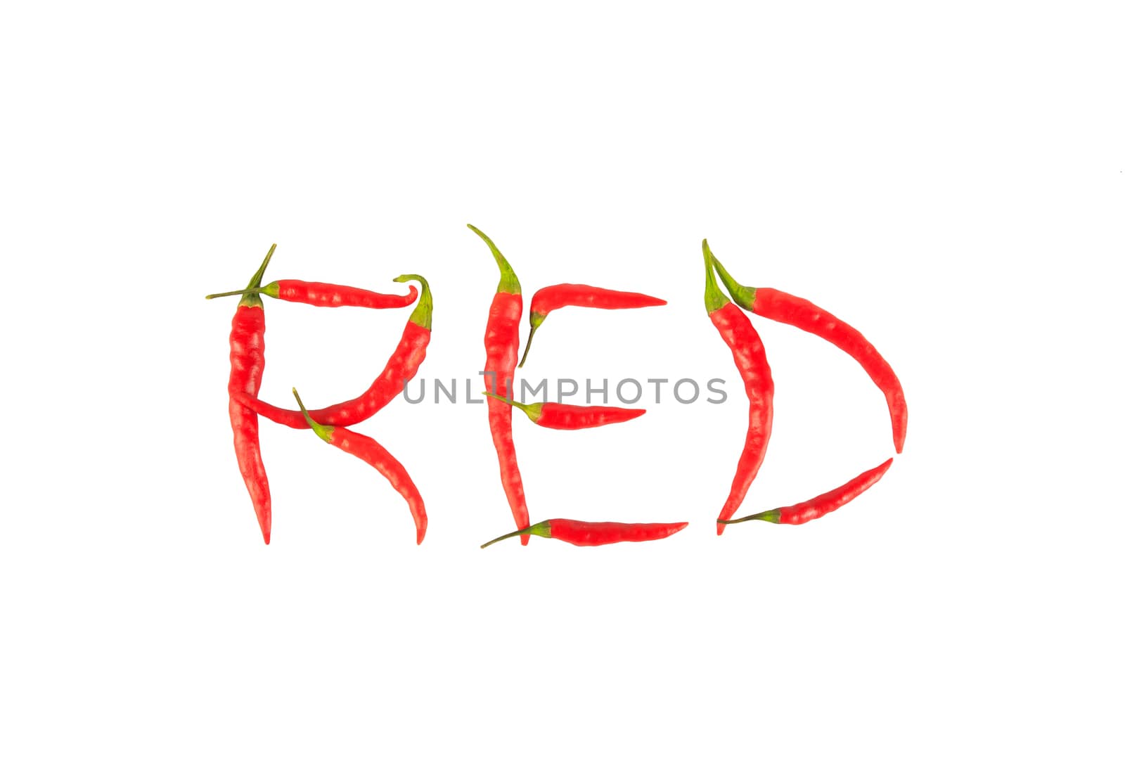 Fresh and dried chili peppers isolated on white background, created is the "RED" word. 