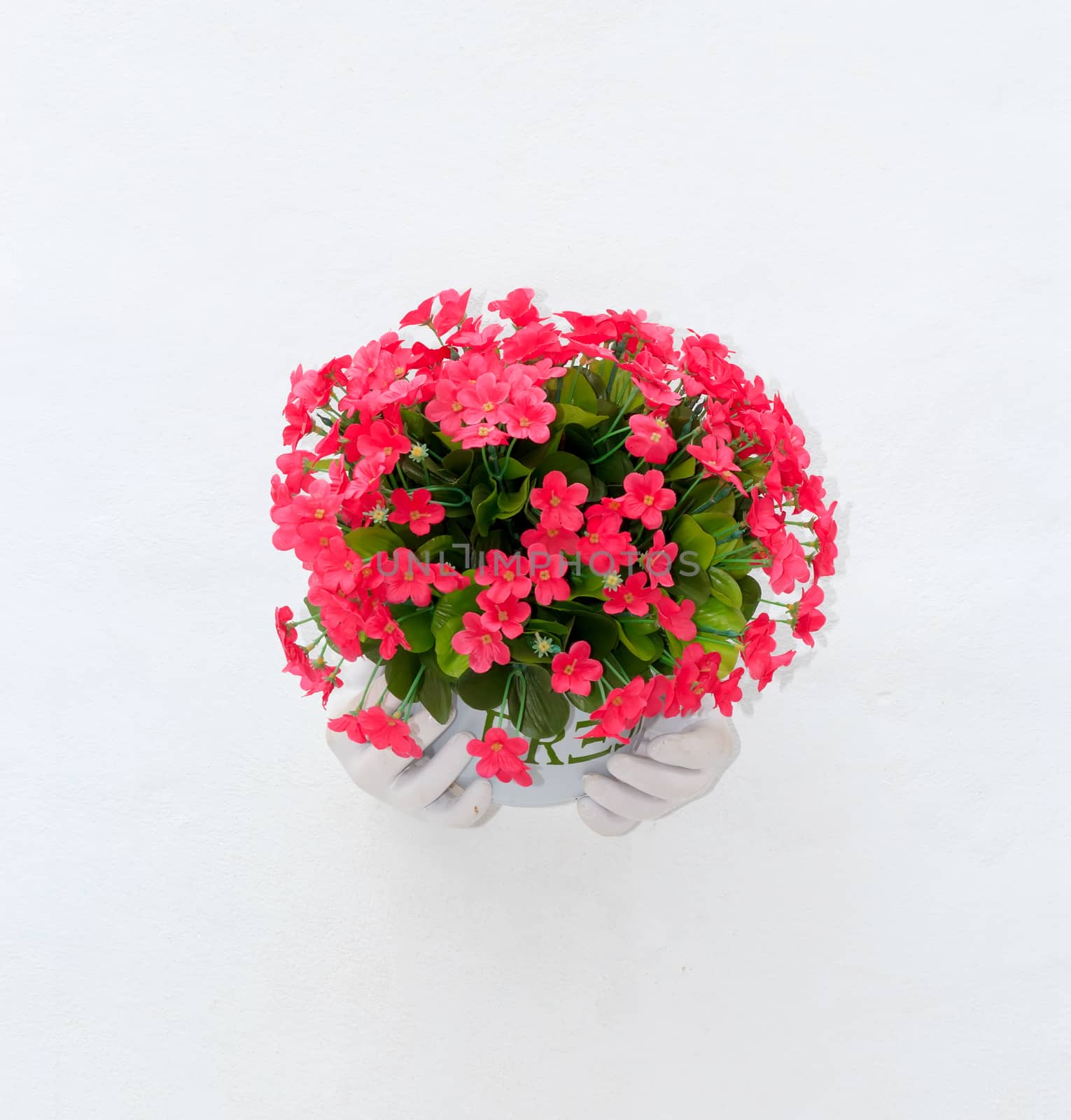 collage with geranium flowers in planters on the wall.