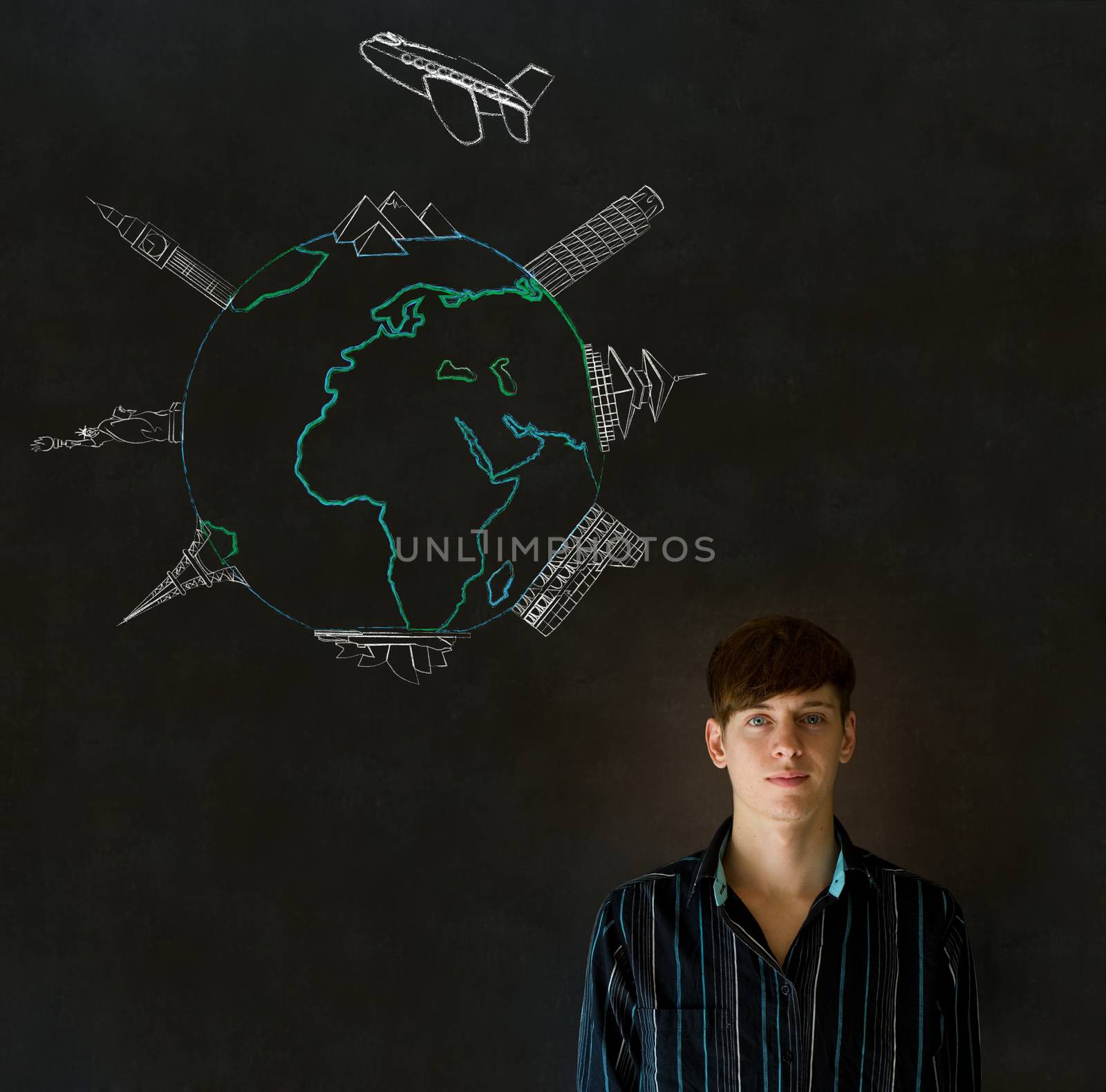 Business travel agent chalk airplane world globe with famous landmarks on blackboard background