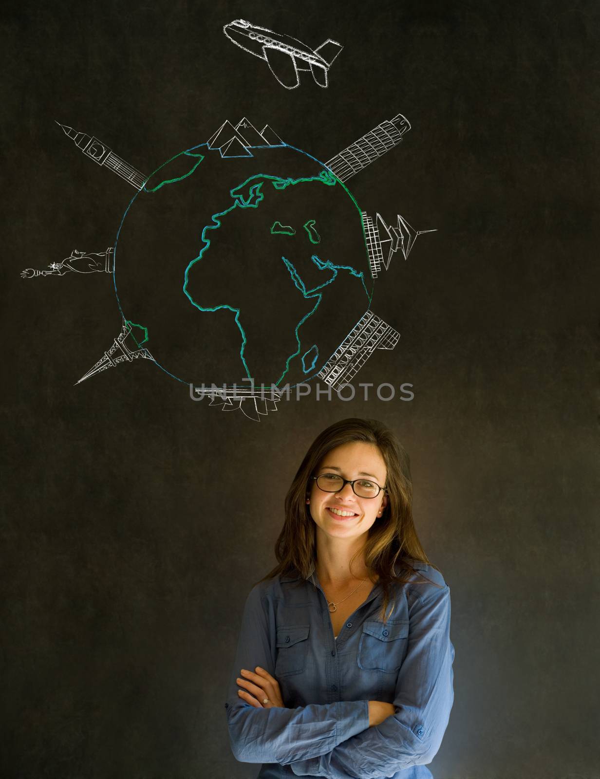 Business travel agent chalk airplane world globe with famous landmarks on blackboard background