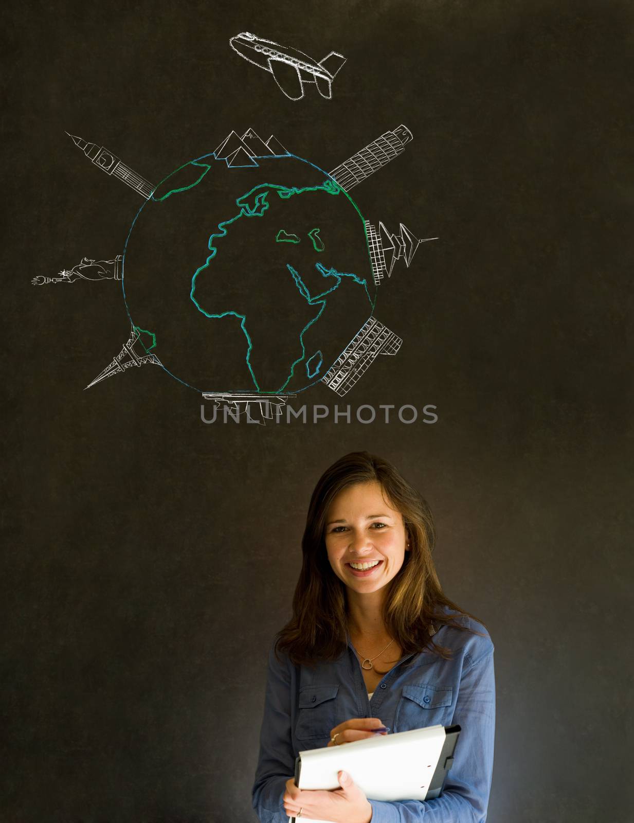 Business travel agent chalk airplane world globe with famous landmarks on blackboard background